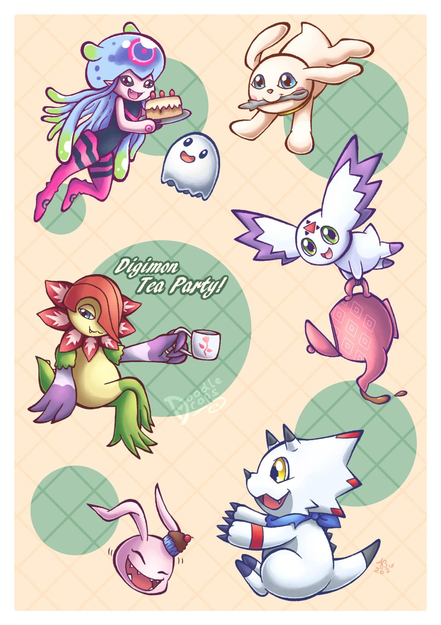 Digital illustration of seven assorted Digimon that are holding various items such as cake, a teacup and a teapot. The Digimon featured in the picture are: Jellymon, Poyomon, Salamon, Floramon, Calumon, Koromon and Gammamon.