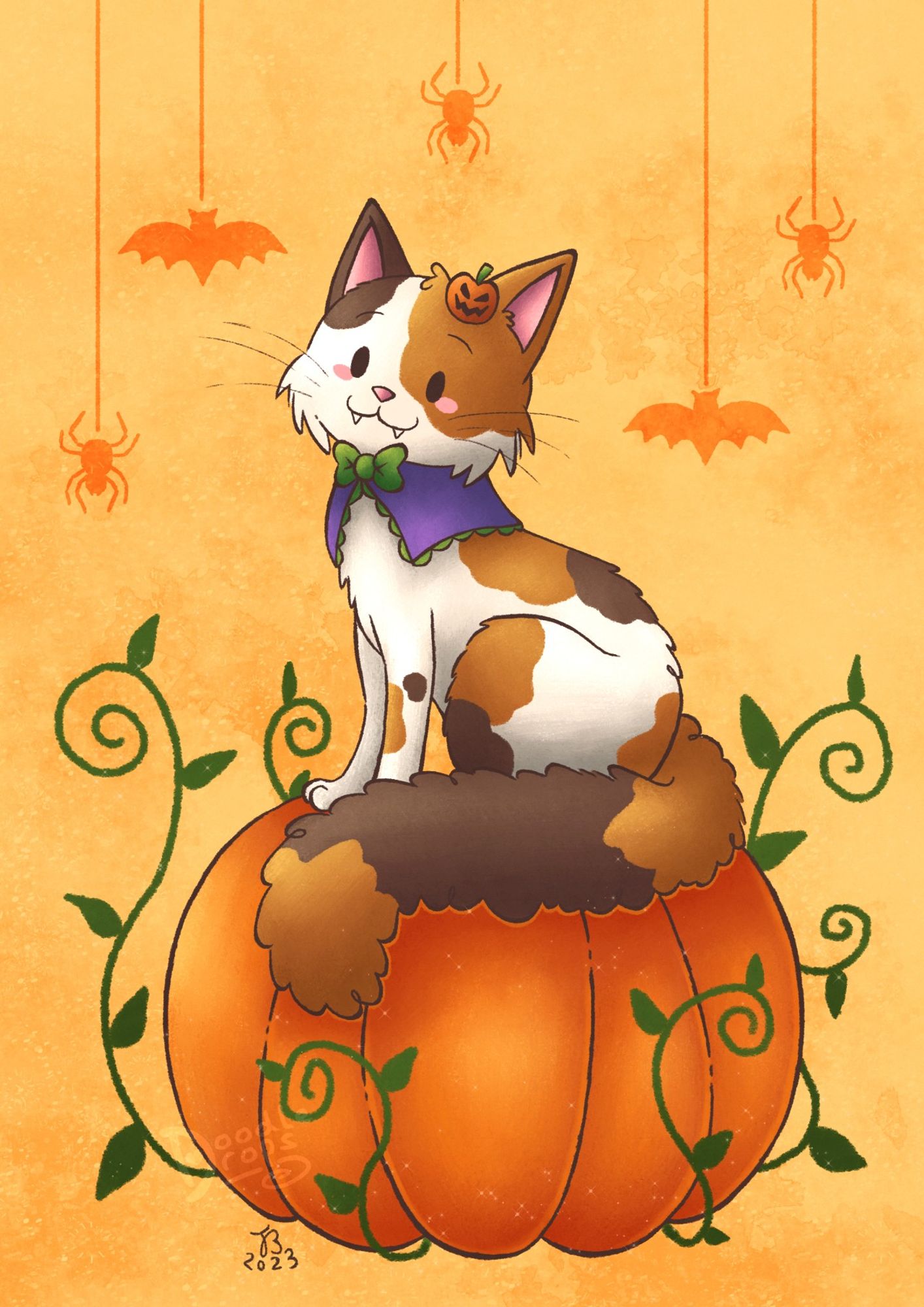 Image shows a cute calico cat which is sat on top of a large pumpkin. The cat is wearing a small jack-o'-lantern decoration by her left ear and is wearing a purple cloaked collar around her neck, which is decorated with green lace and bow. There are silhouettes of spiders and bats hanging in the background.