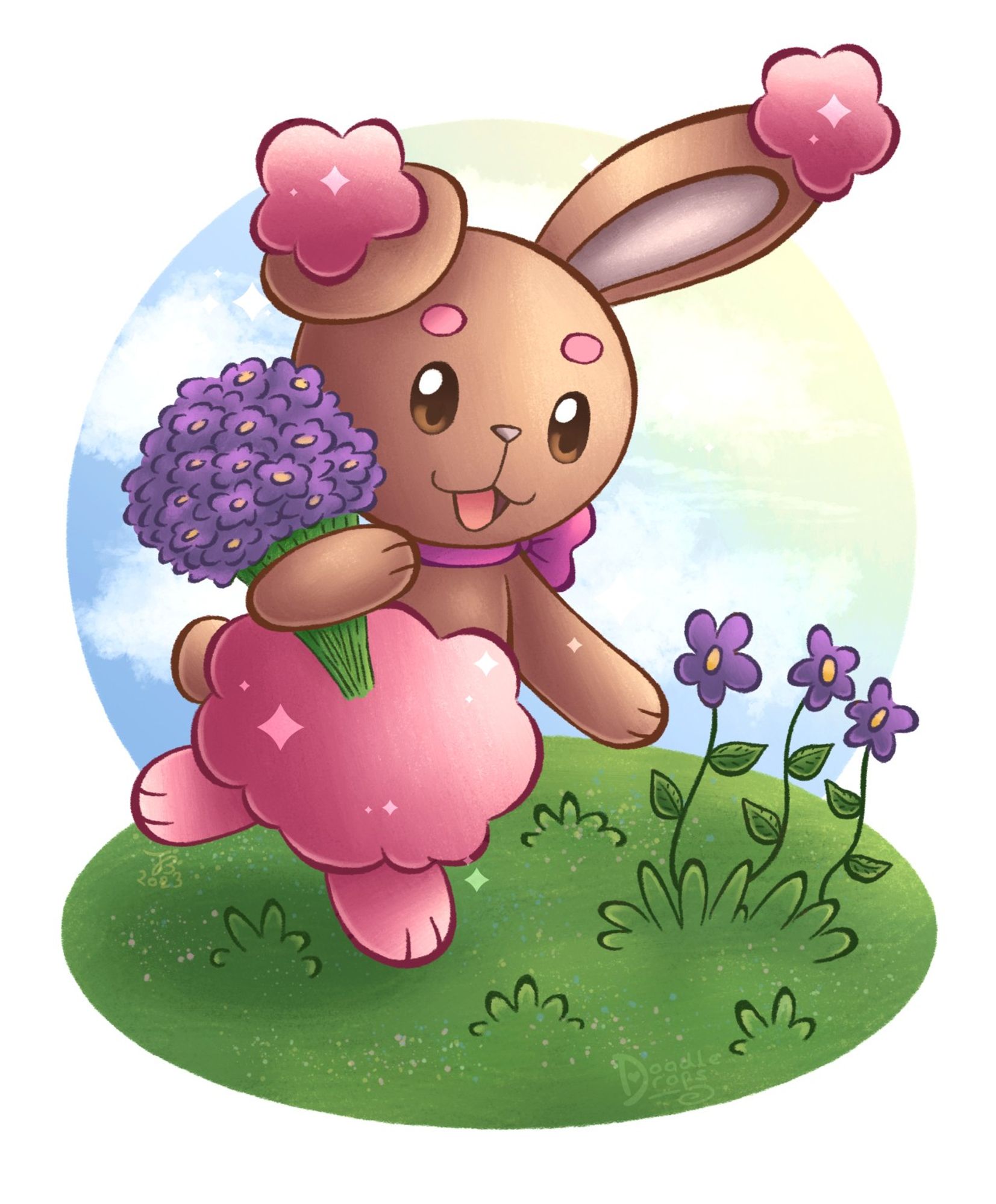 Digital illustration of a shiny Buneary that is carrying a bunch of purple flowers in one arm and is reaching out with the other arm to pick more flowers that are growing in the grass in front of it.