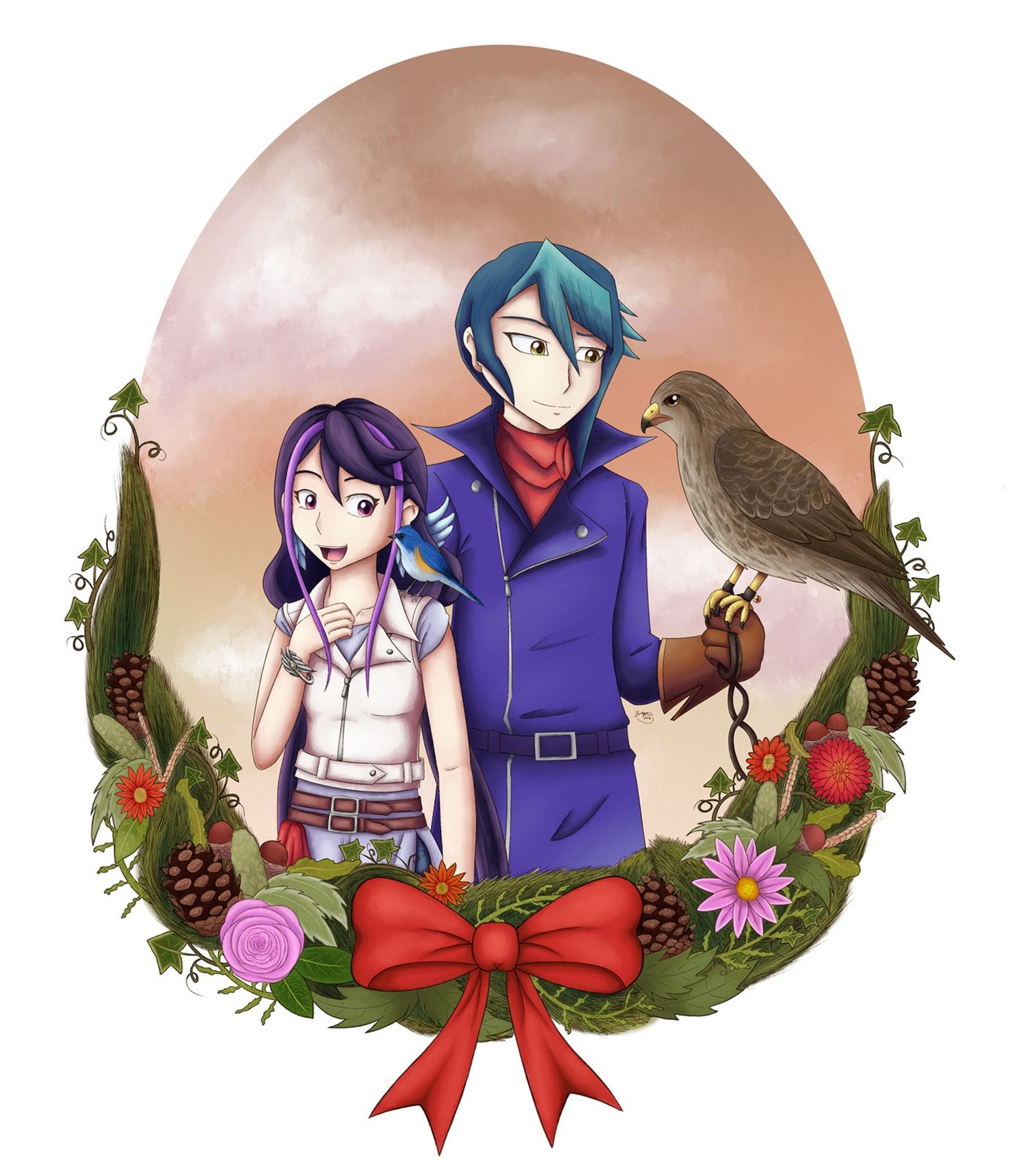 Ruri and Shun Kurosaki from Yu-Gi-Oh! Arc-V stood together. Ruri has a small blue coloured songbird on her shoulder and Shun is holding a falcon. The background behind them is an orange dusk-like sky. There is a detailed wreath framing the two of them with a red bow in the middle.