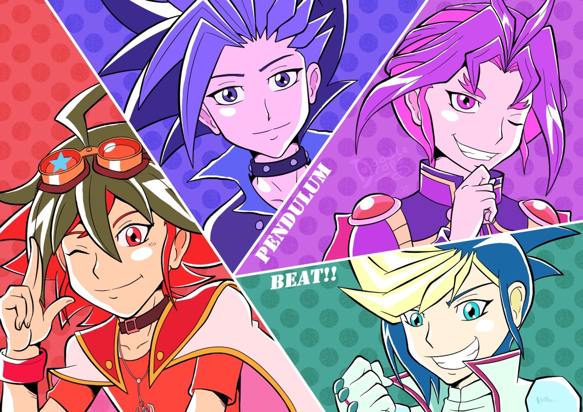 Digital illustration featuring Yuya Sakaki, Yuto, Yuri and Yugo from Yu-Gi-Oh! ARC-V. The four of them are separated by different coloured sections. The words 'Pendulum Beat!!' can be seen in the middle of the picture.