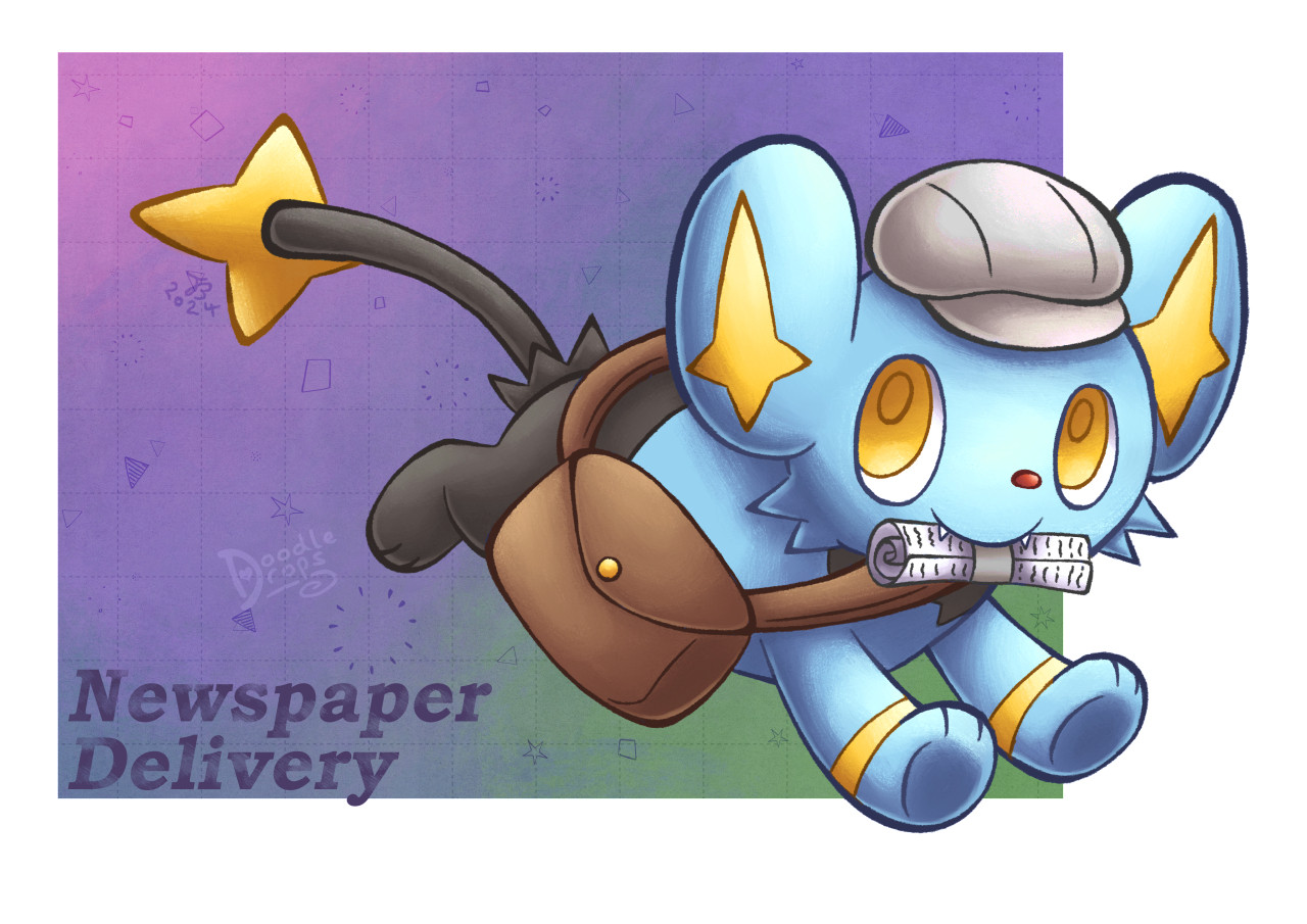 Digital illustration of the Pokémon, Shinx. It is wearing a grey cap and wearing a brown bag. It is running with a rolled up newspaper in it's mouth. The bottom left of the picture there is text that reads 'Newspaper Delivery'.