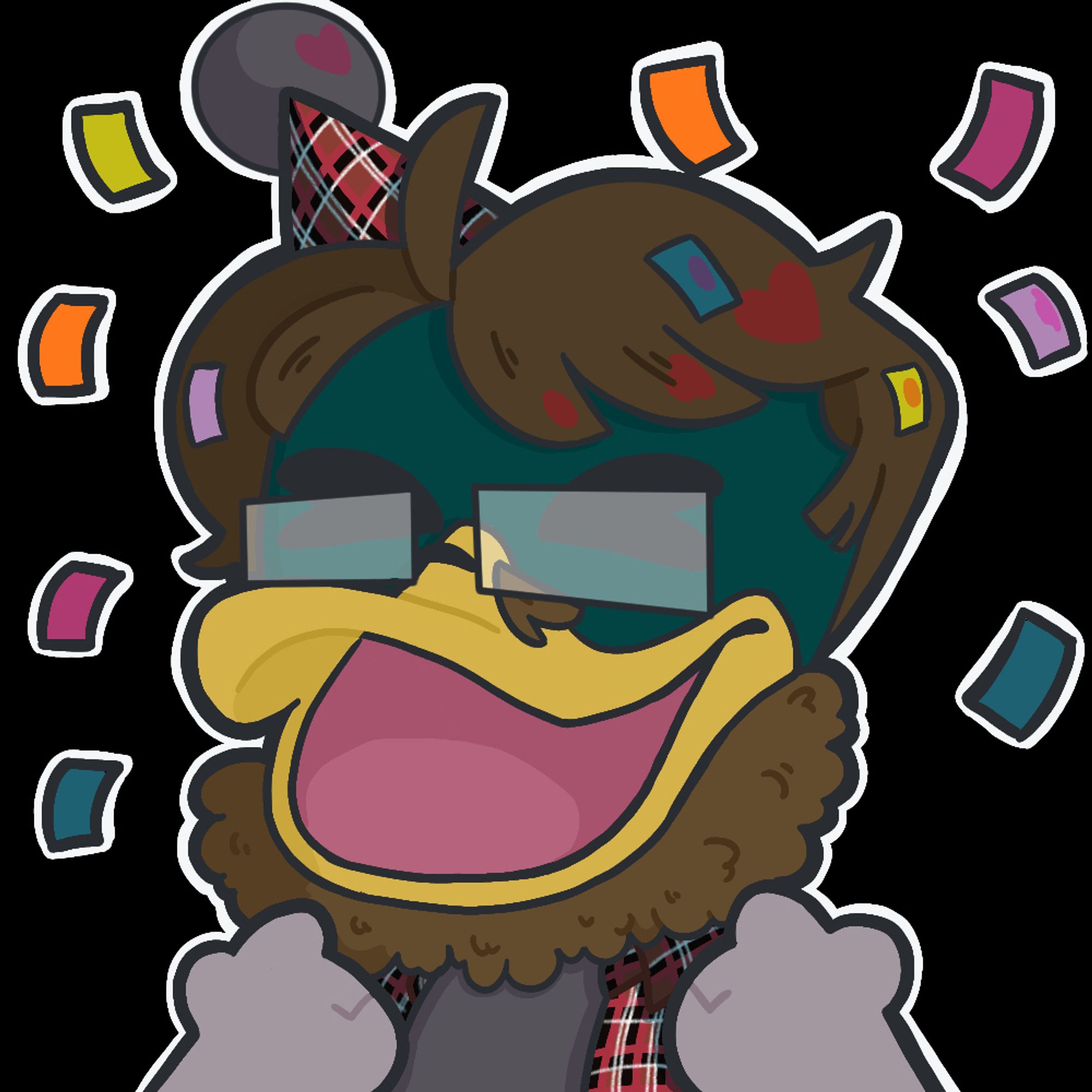 A celebratory emote of Goodgamesdonecasual, an anthropomorphic mallard duck that wears a grey shirt under a red flannel. They have a brown beard and mustache on their bill, and brown hair with a plaid party hat on top. Good is also surrounded bu blue, green, orange, purple, and pink confetti.