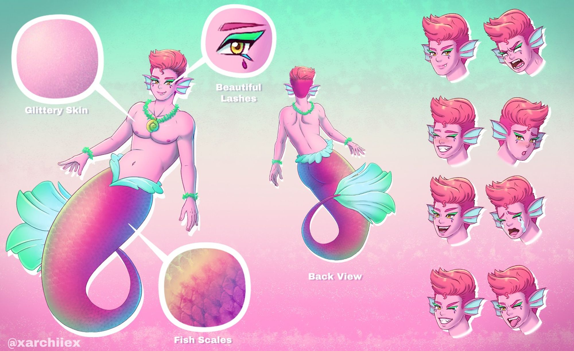 A reference sheet of a mermaid character.