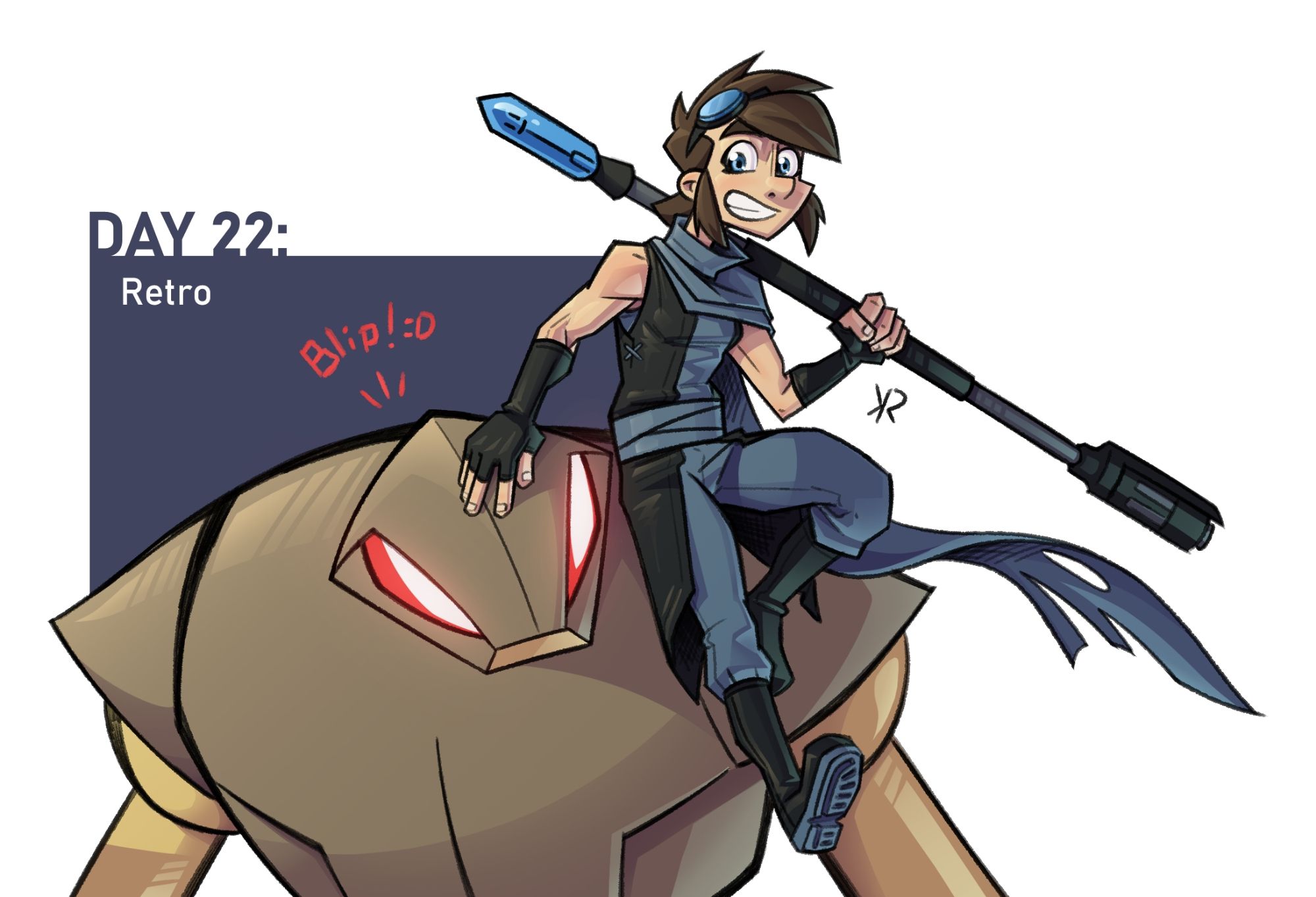 A girl dressed in a blue ninja-esque outfit, carrying a long stick with a blue bulb at the end.

She sits atop a large brown robot. The robot looks at her with bright red glowing eyes.

The text reads:
DAY 22:
Retro

Followed by speech from the robot, which reads:
BLIP! :D