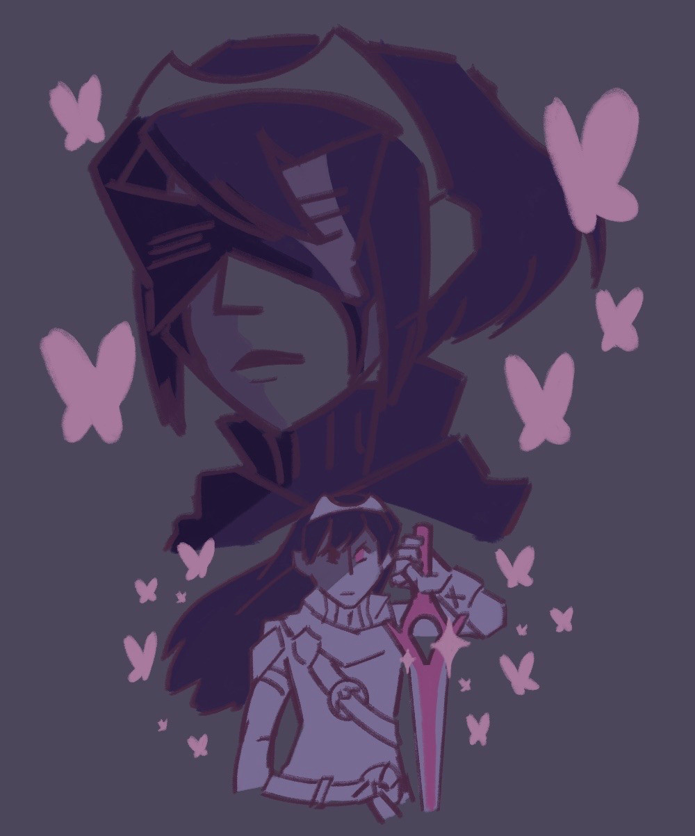 Drawing of Lucina with a large portrait of her masked persona in the background, filled with pink accents including butterflies, her left eye, and the shine of Alternate Falchion