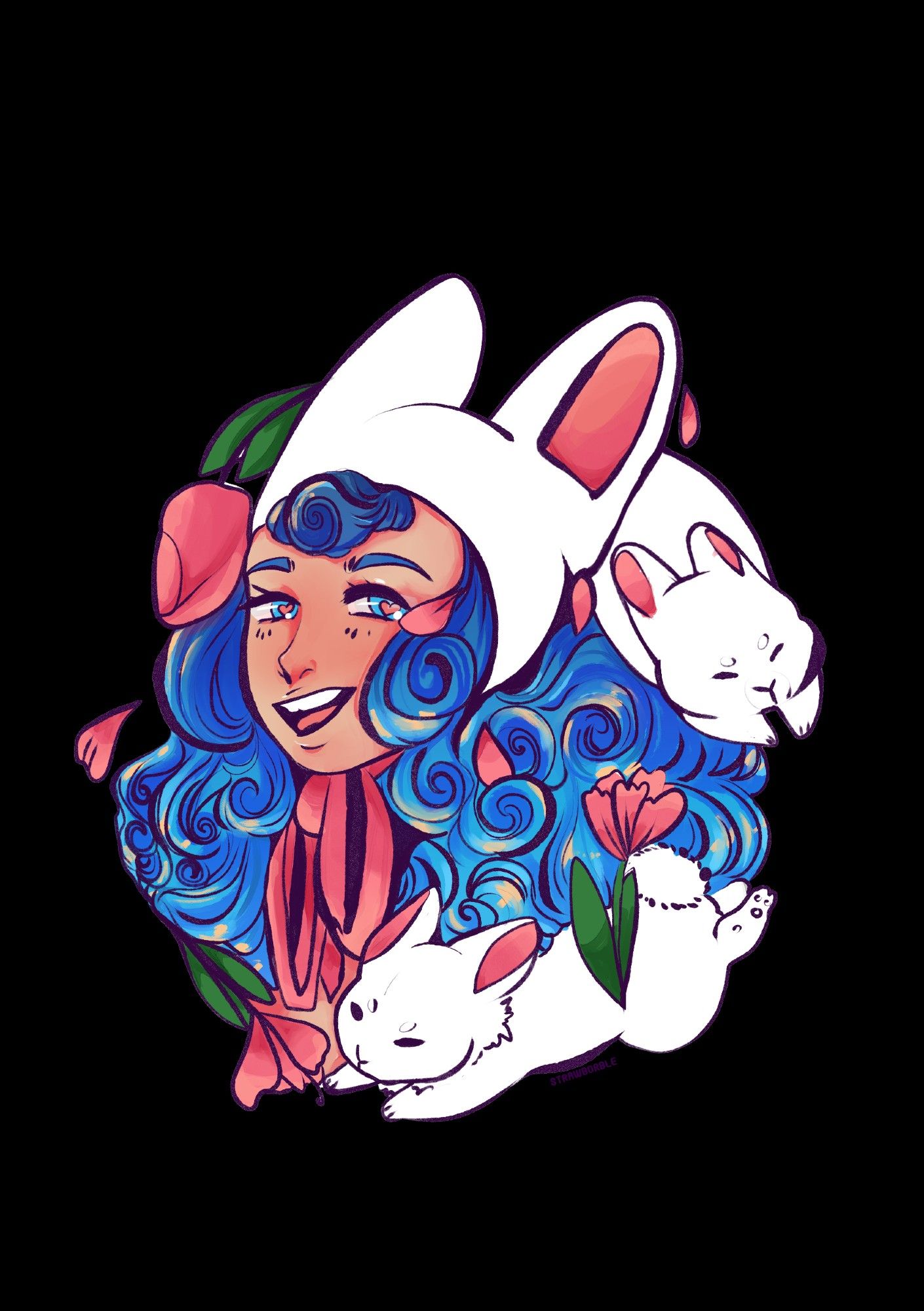 blue haired girl with a white bunny hood, pink tulips and little white bunnies surrounding her.