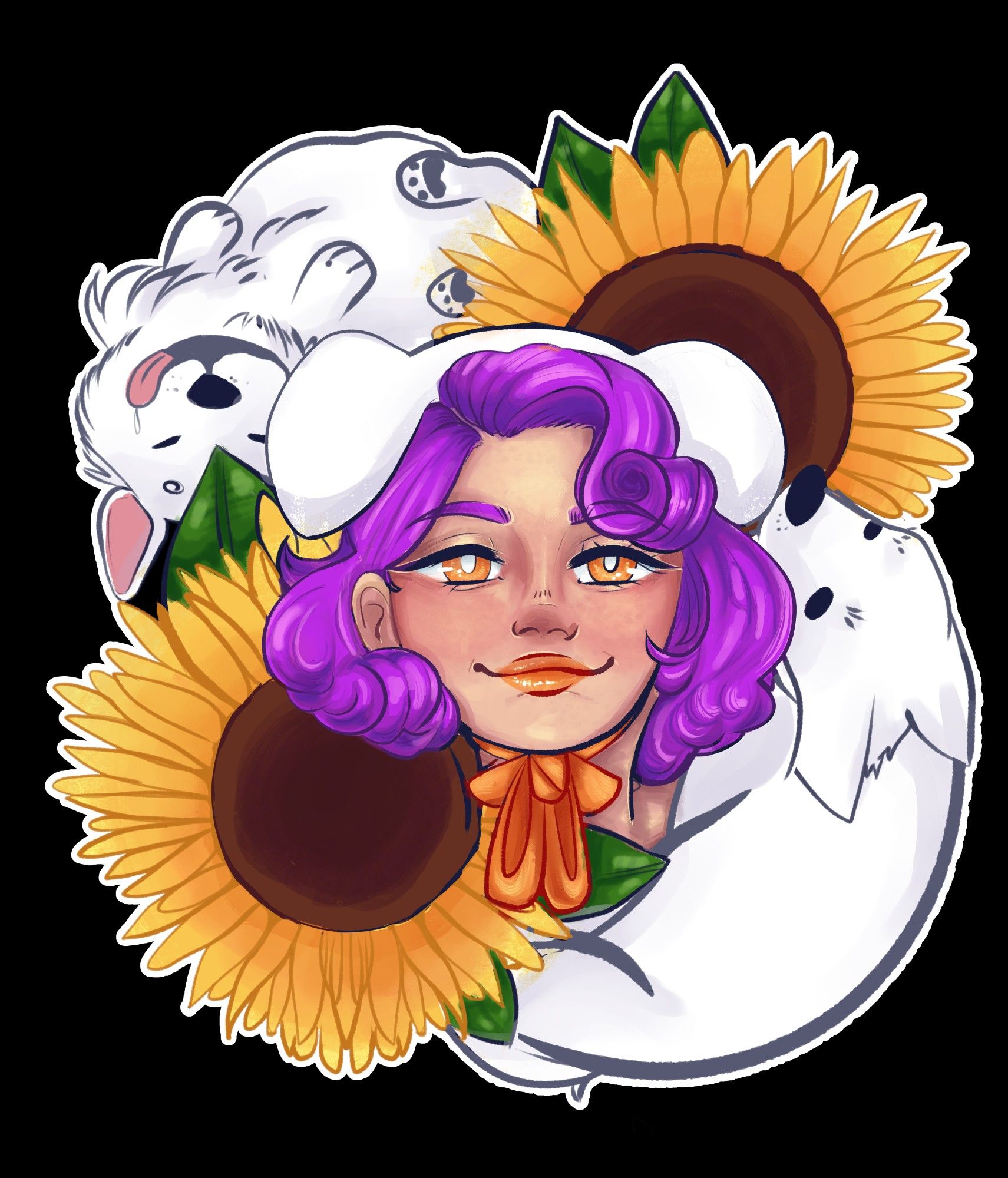 purple short haired girl with a arrangement of sunflowers and white dogs. and orange ribbon.