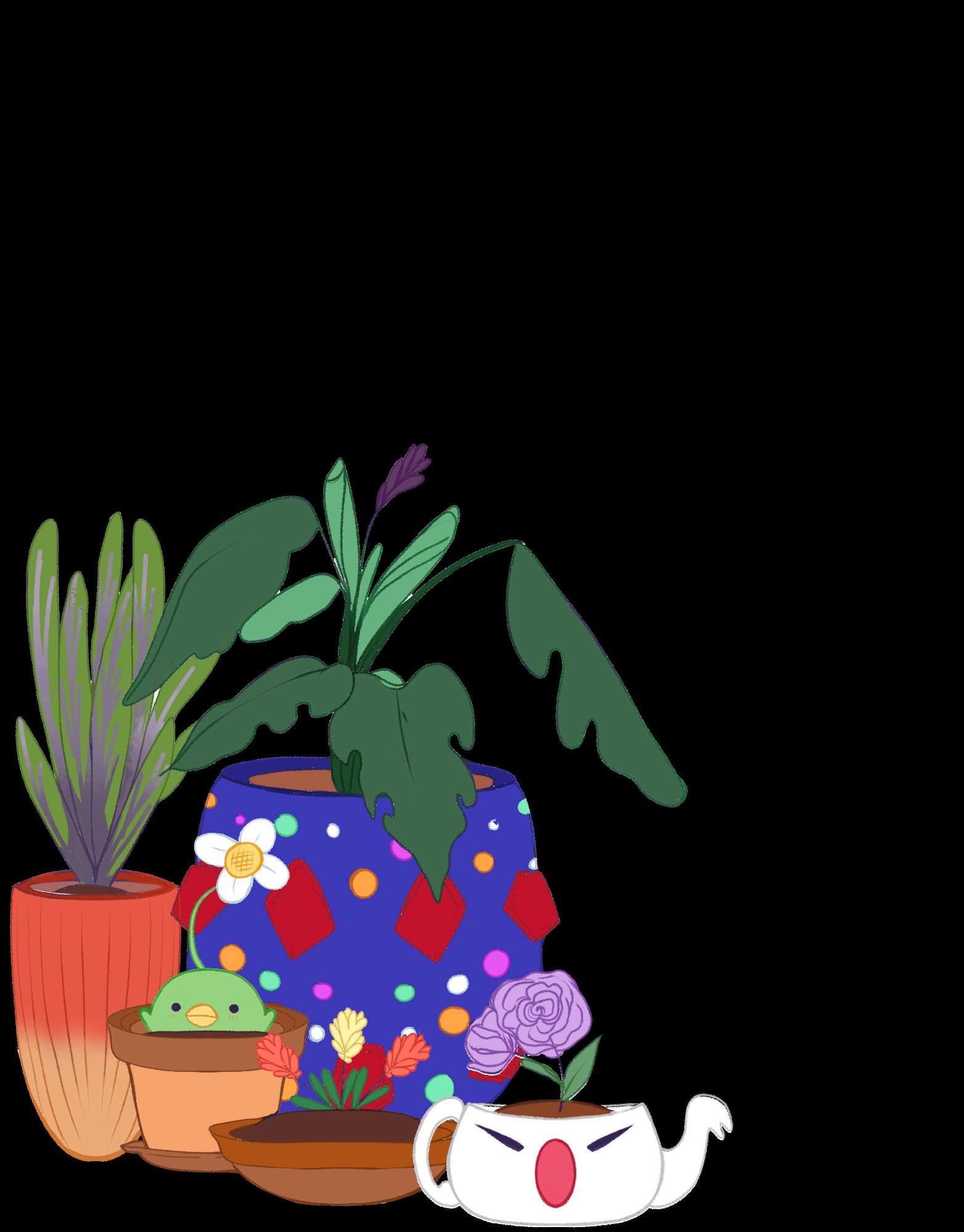 ffxiv inspired potted house plants - featuring a moogle tea pot and a kopurkkur kid