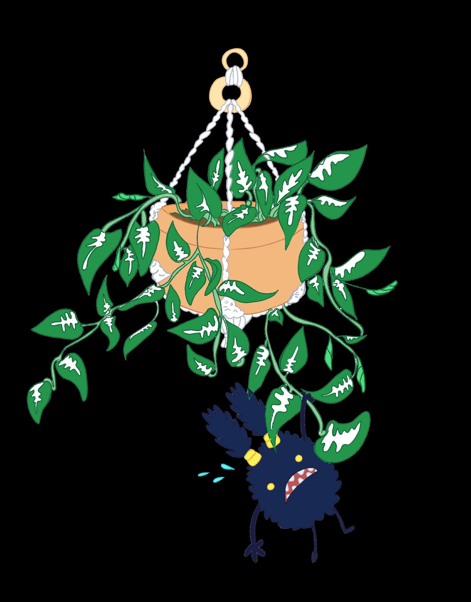 A FFXIV spriggan hanging off of a pothos or philodendron hanging house plant.