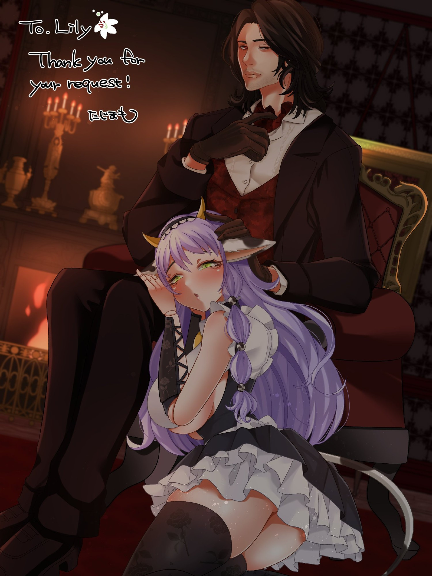 A purple-haired cowgirl maid, kneeling on the floor and resting her head in the lap of a well dressed, long-haired man. 