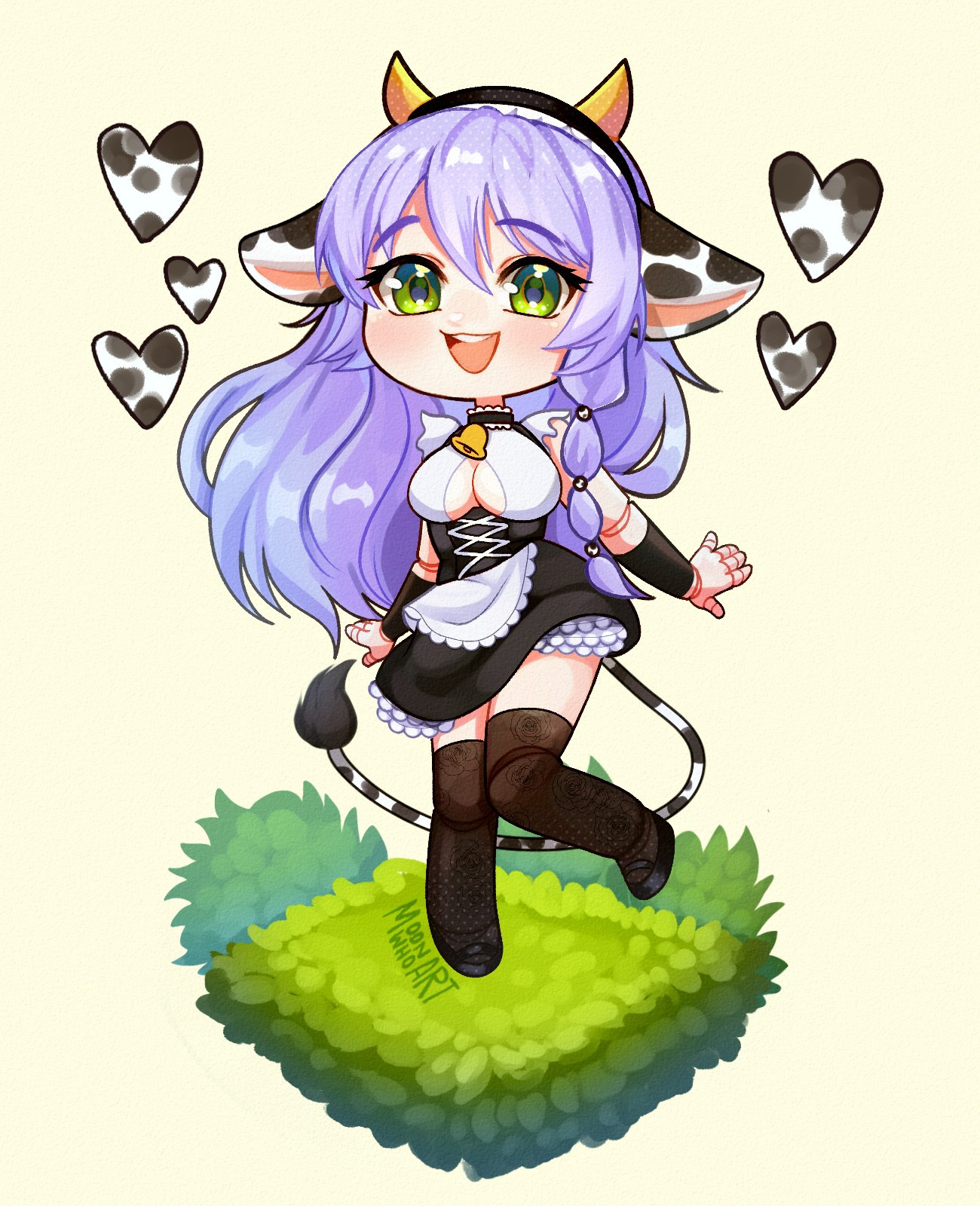 Purple haired cowgirl maid, chibi version, smiling and cutely posed, standing on a patch of grass. Cow-patterned hearts float around her. 