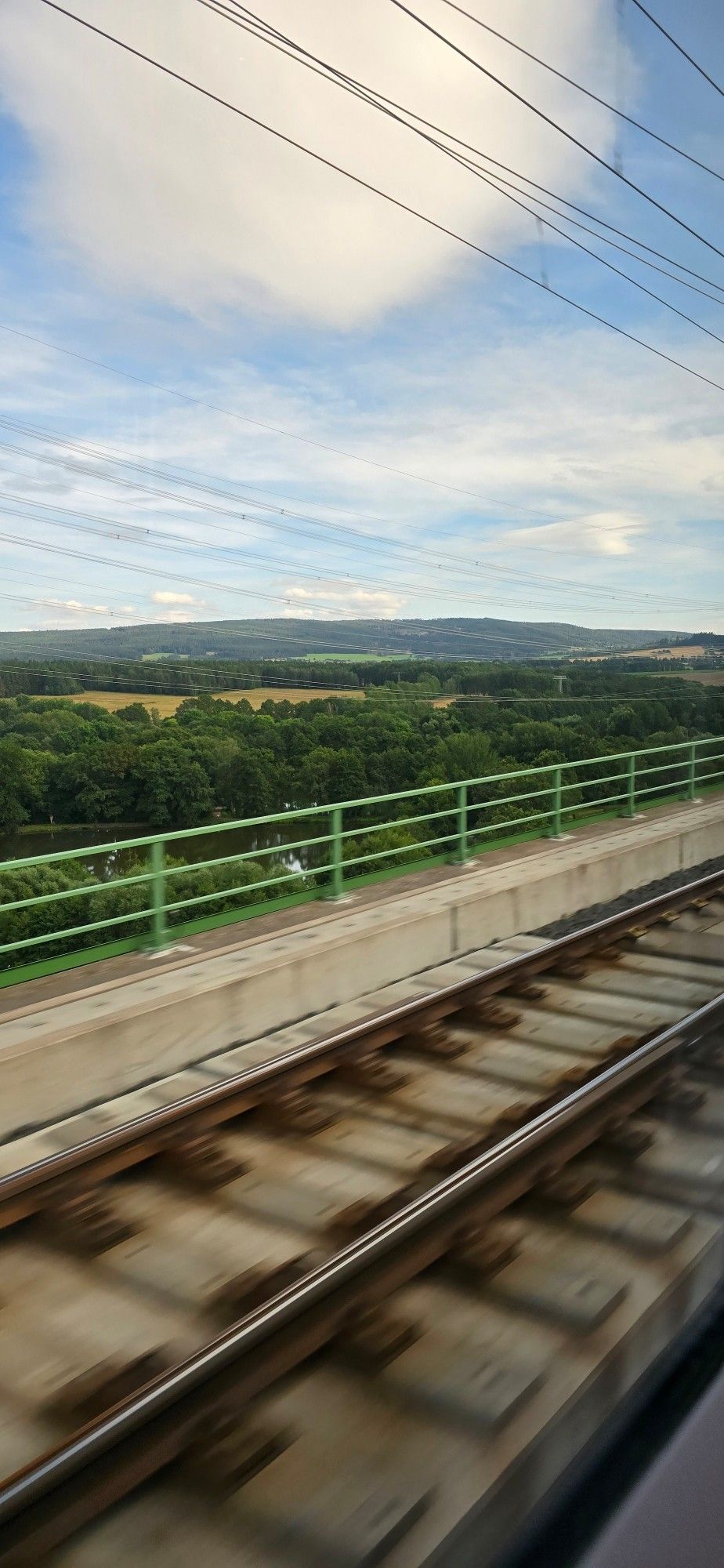 Blick aus dem Zugfenster auf verschwommene Gleise, ein Brückengeländer und Wald und Büsche im Hintergrund, darüber blau weißer Himmel