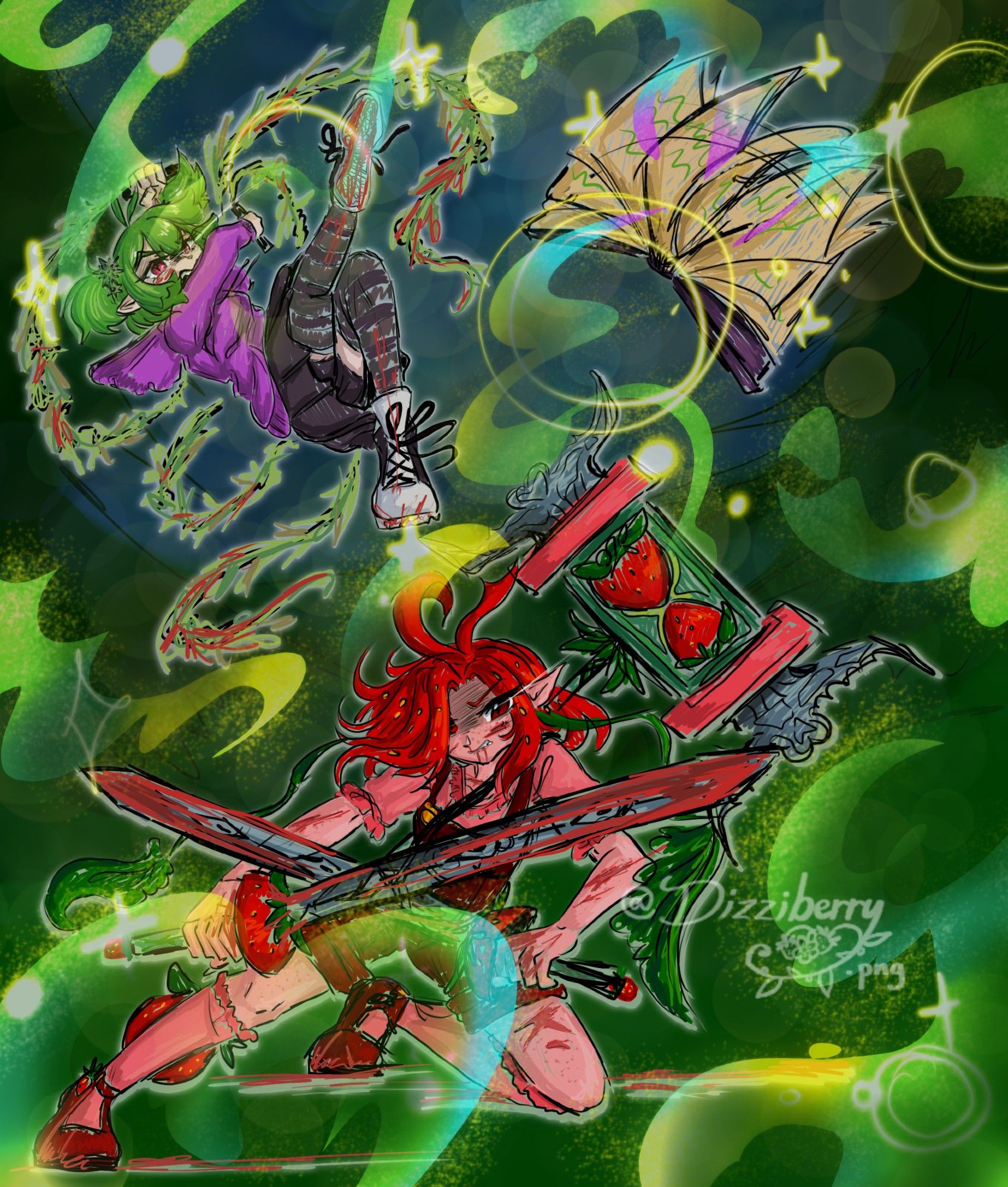 Berrybella, a strawberry character is holding two swords that are crossed over one another, blood appears to be on both blades. On Bella's back is a strawberry hammeraxe strapped to her. Behind Bella is her girlfriend Doku, wielding both her thorn whips, and grimoire book. Said book is rapidly spewing colored magic around the scenary in a variety of bright colors (green, yellow, magenta and cyan). Both characters are in action poses with Bella on the ground kneeling in defense, and Doku twisted in the air ready to use her whips in offense.