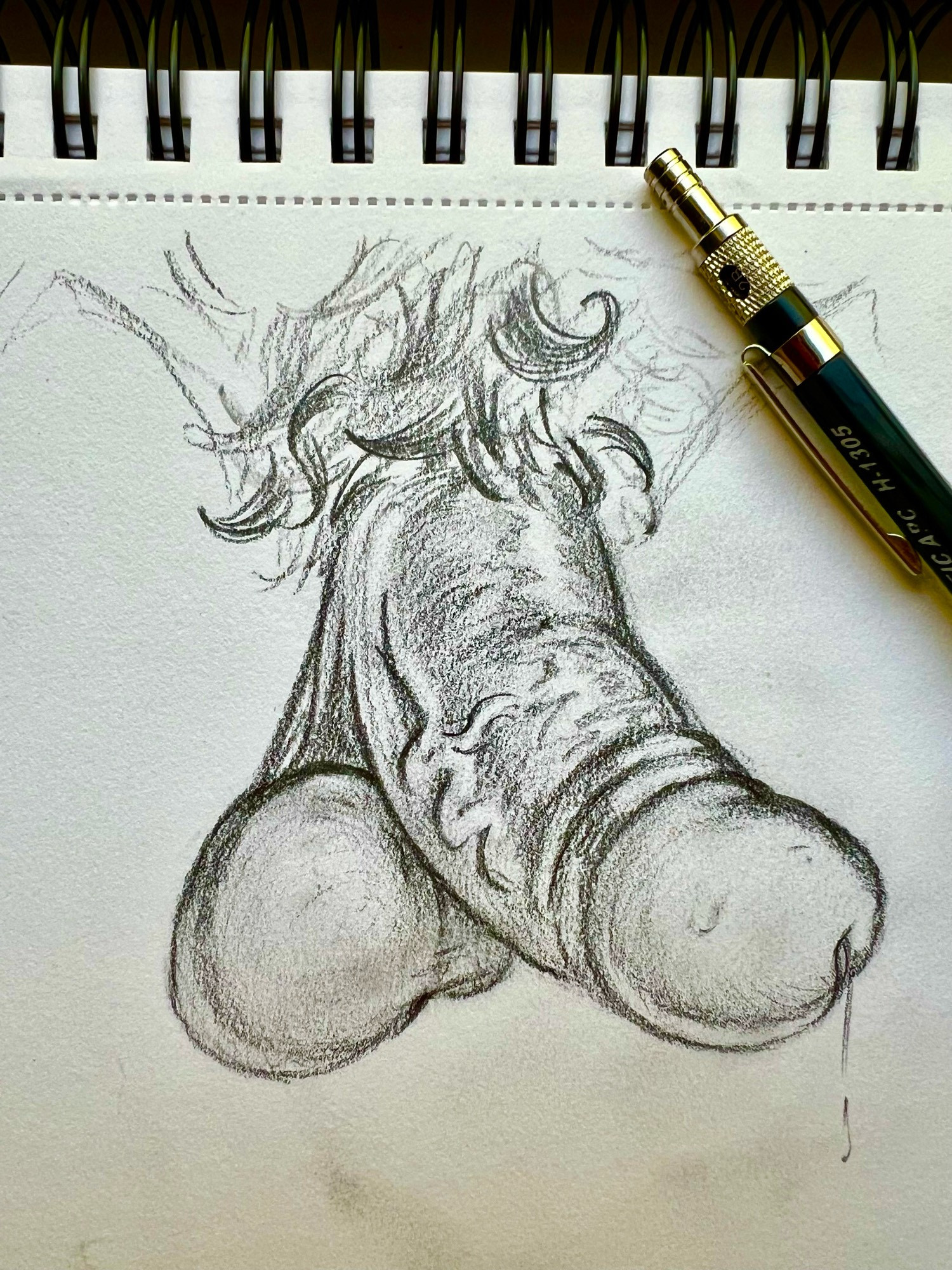 Pencil drawing of a drippy, curvy cock and balls.