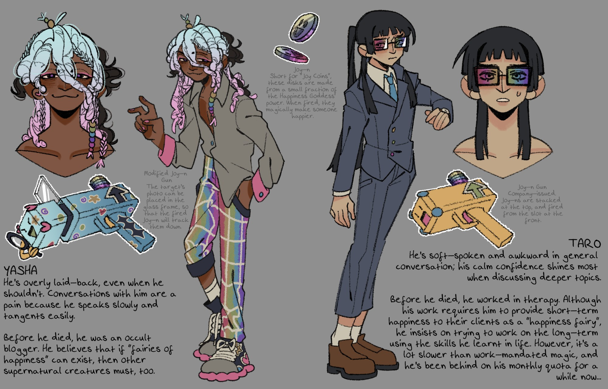 Yasha, a man with messy clothes and blue-pink gradient hair in dreads, beads and braids, with some curly black extensions clipped in. Taro, put together in a blue-grey suit, with blunt bangs and a ponytail. His rainbow-gradient glasses are prescription.