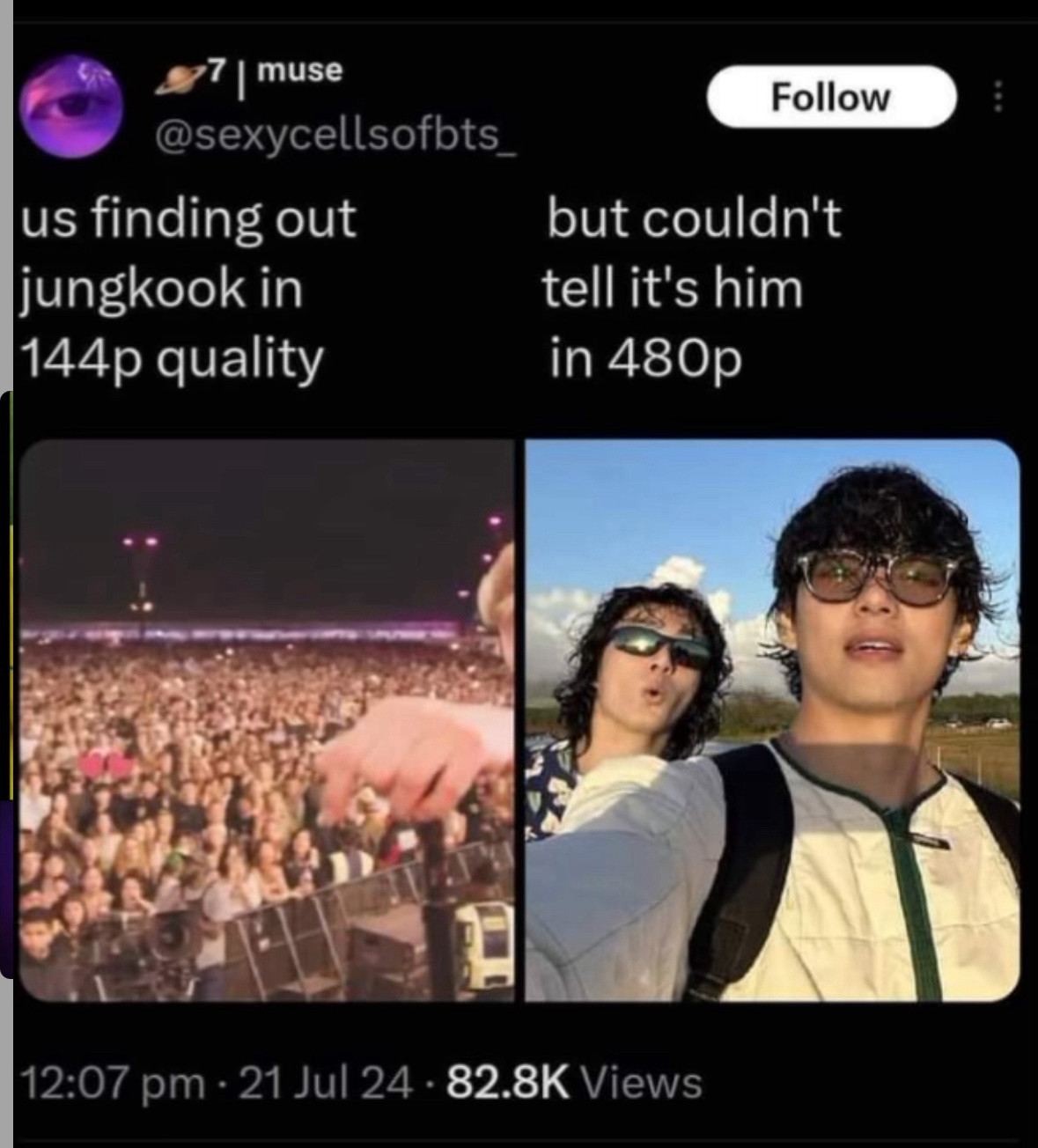 Pictures left of jk in the crowd of Coachella and how army found him right away vs picture of V and jk in Hawaii