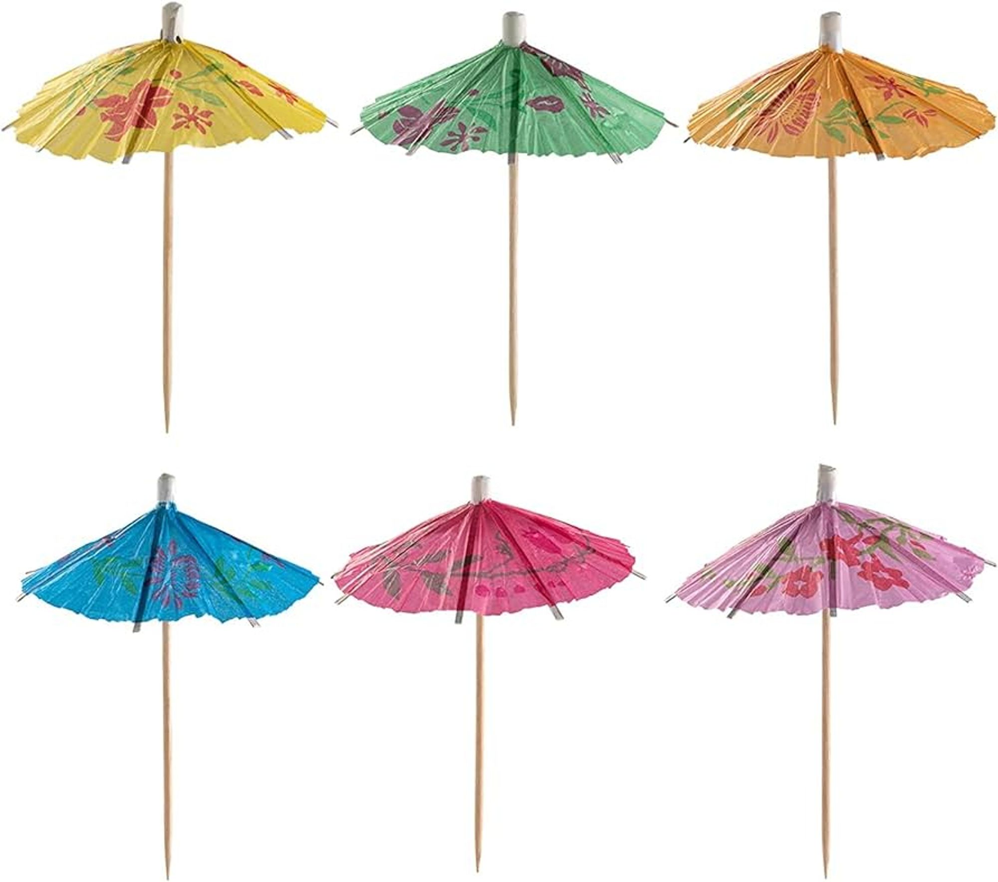 A bright white background with different brightly colored paper umbrellas