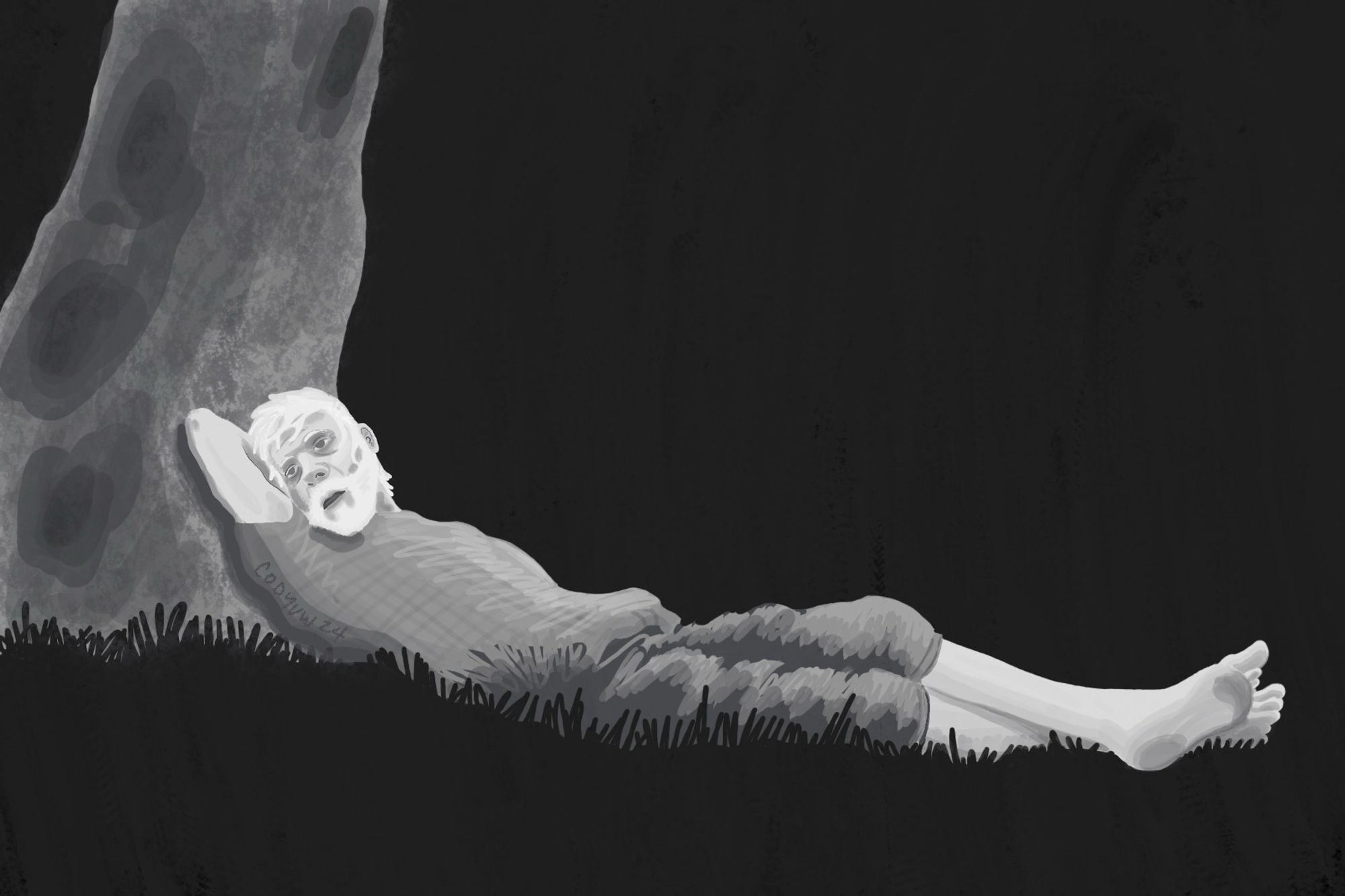 B&W digital drawing of myself as an old man, lying down against a tree, dead. Cute, right? #queerartist #codyvw