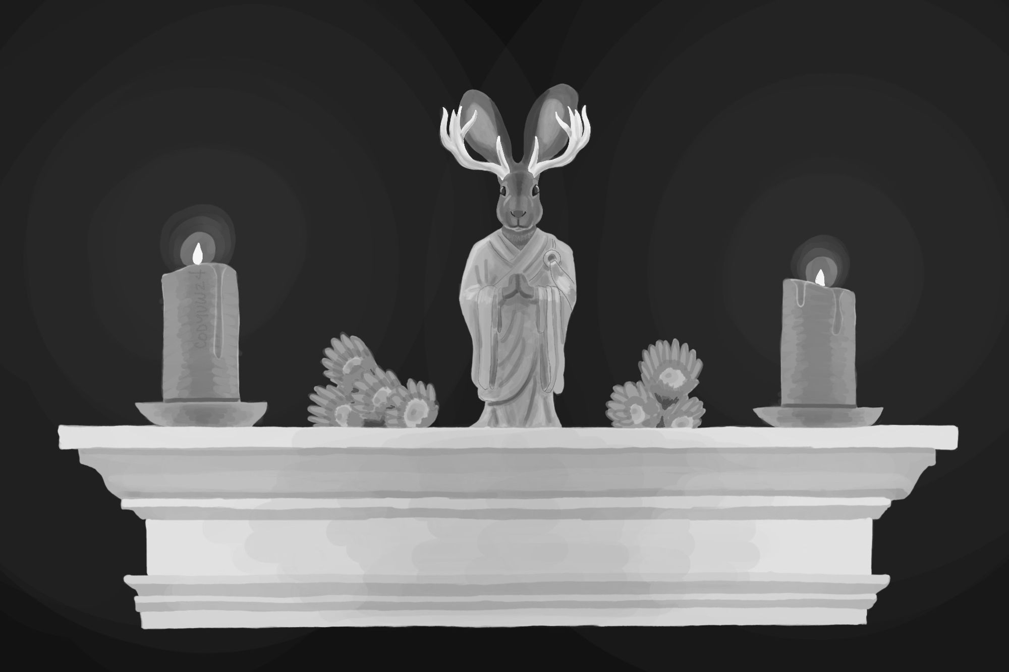 B&W digital drawing of a deified jackalope statue on a mantle with candles and flowers. #queerartist #inktober