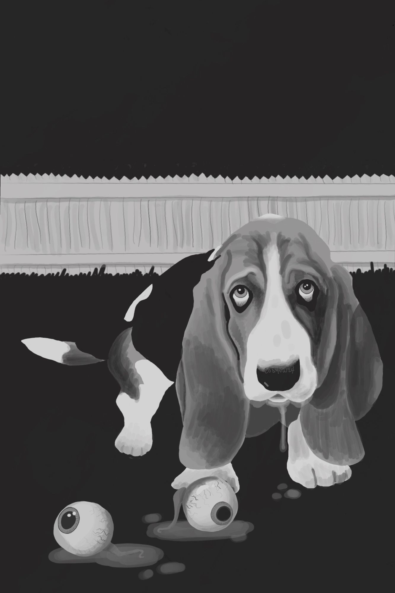 B&W digital drawing of an adorable basset hound who seems to have just set two human eyes on the ground before us. #queerartist #codyvw