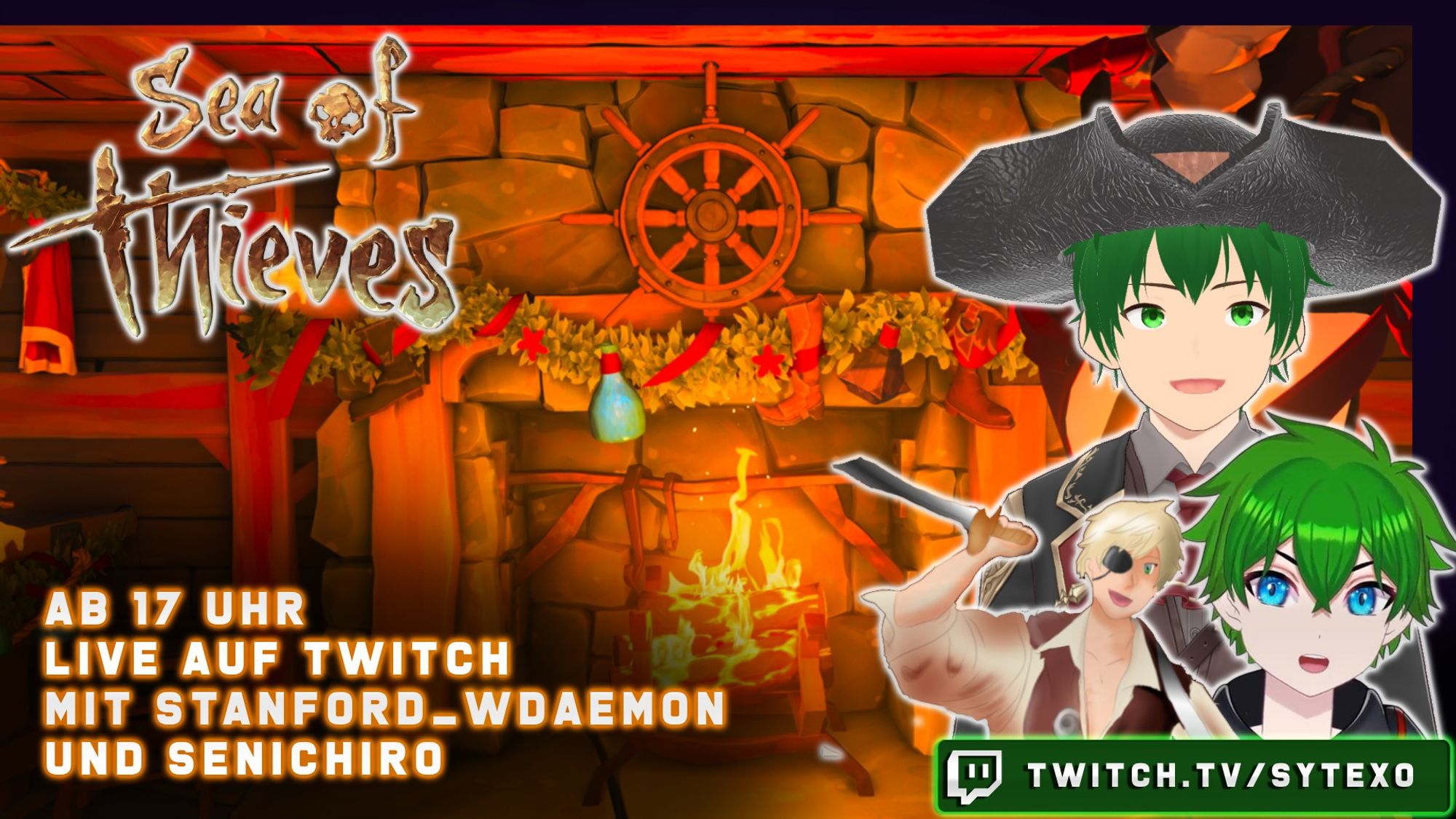 Gegen 17 Uhr startet unsere 🎄weihnachtliche Seefahrt🦜 auf #Twitch. Schaut gerne vorbei und holt euch ein paar Kekse 🍪 und ein Warmgetränk 🍵☕

Mit dabei @senichiro.bsky.social & stanford_wdeamon 
https://www.twitch.tv/sytexo

Wir werden ein paar World Events machen und ihr dürft die Show genießen 🥳

Bildbeschreibung:
In dem Bild zu sehen sind: 
Senichiro (rechte untere Ecke), daneben Stanford_wdeamon (neben Senichiro) und Sytexo (hinter Senichiro und Stanford_wdeamon)
Das Bild an sich ist weihnachtlich gestaltet mit einen Karmin in der Mitte und einen Feuer welches im Karmin brennt. Oben links sieht man das Sea of Thieves Logo und unten links steht ein Text mit: "Ab 17 Uhr LIVE auf TWITCH mit Stanford_wdeamon und Senichiro. Schaut gerne vorbei!