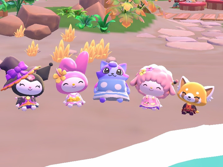 Kuromi, My Melody, player character (Purple Cat wearing blue dress), My Sweet Piano, and Retsuko all happily sitting on the beach