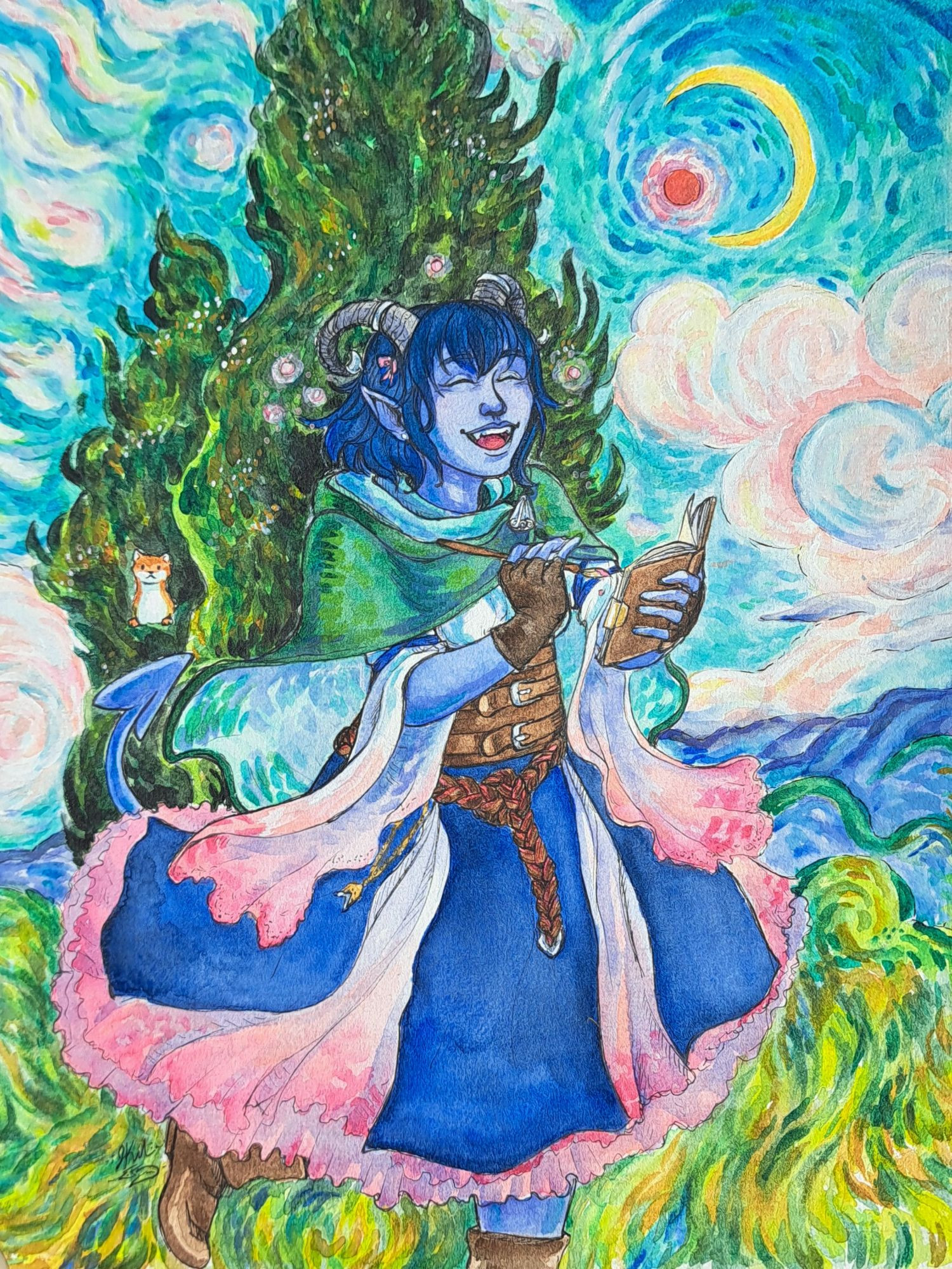 Jester from critical role smiling and painting in a sketchbook. She is skipping through a grassy field. Background is "Cypress Trees" by Vincent Van Gogh. Sprinkle is in the background poking his head out of a cypress tree. 