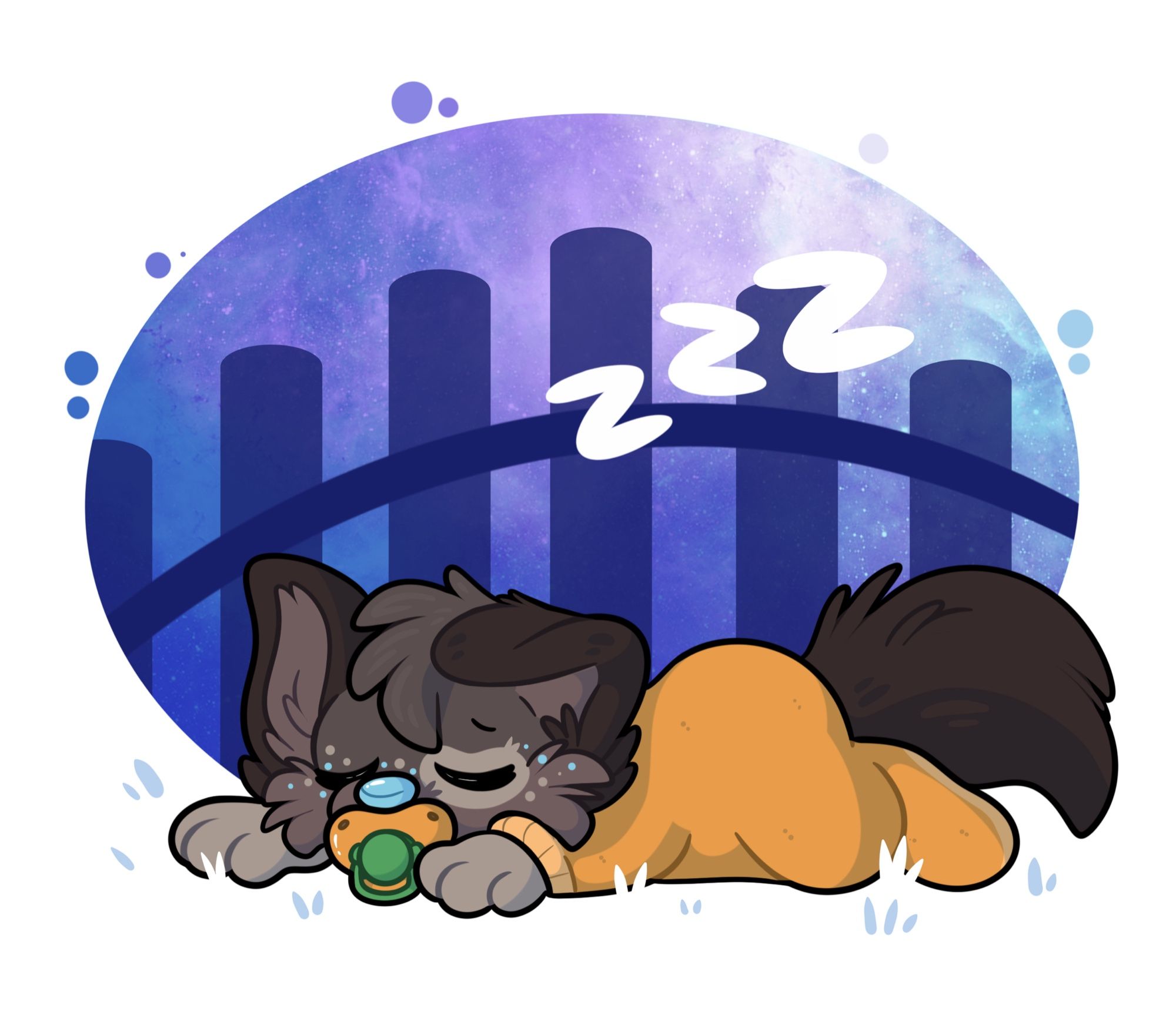 A sleeping babyfur wolf with a pacifier, wearing an orange onesie.