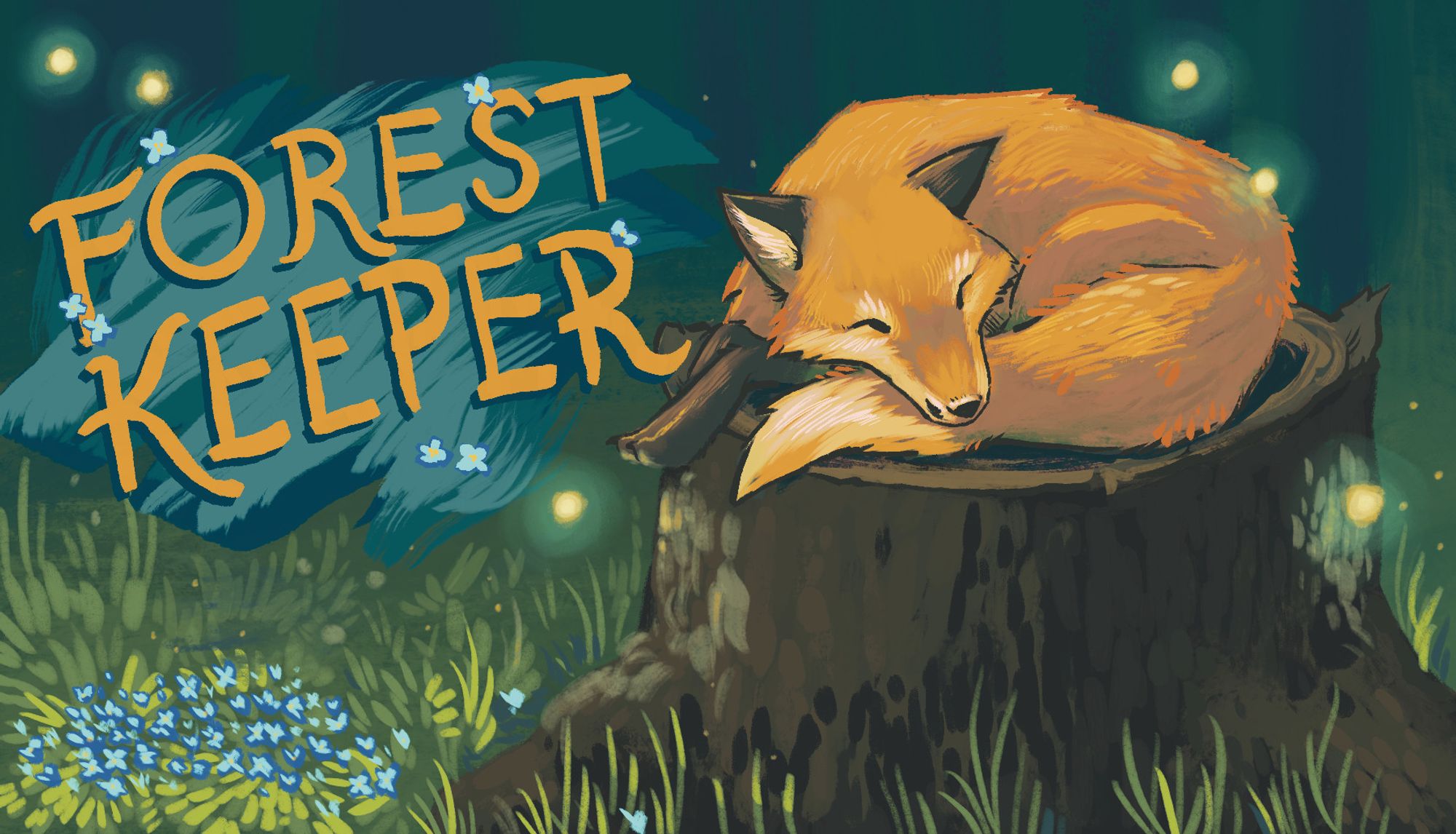 fox resting on a stump with a bed of forget me not flowers underneath. the title of the game "forest keeper" to the left of the illustration.