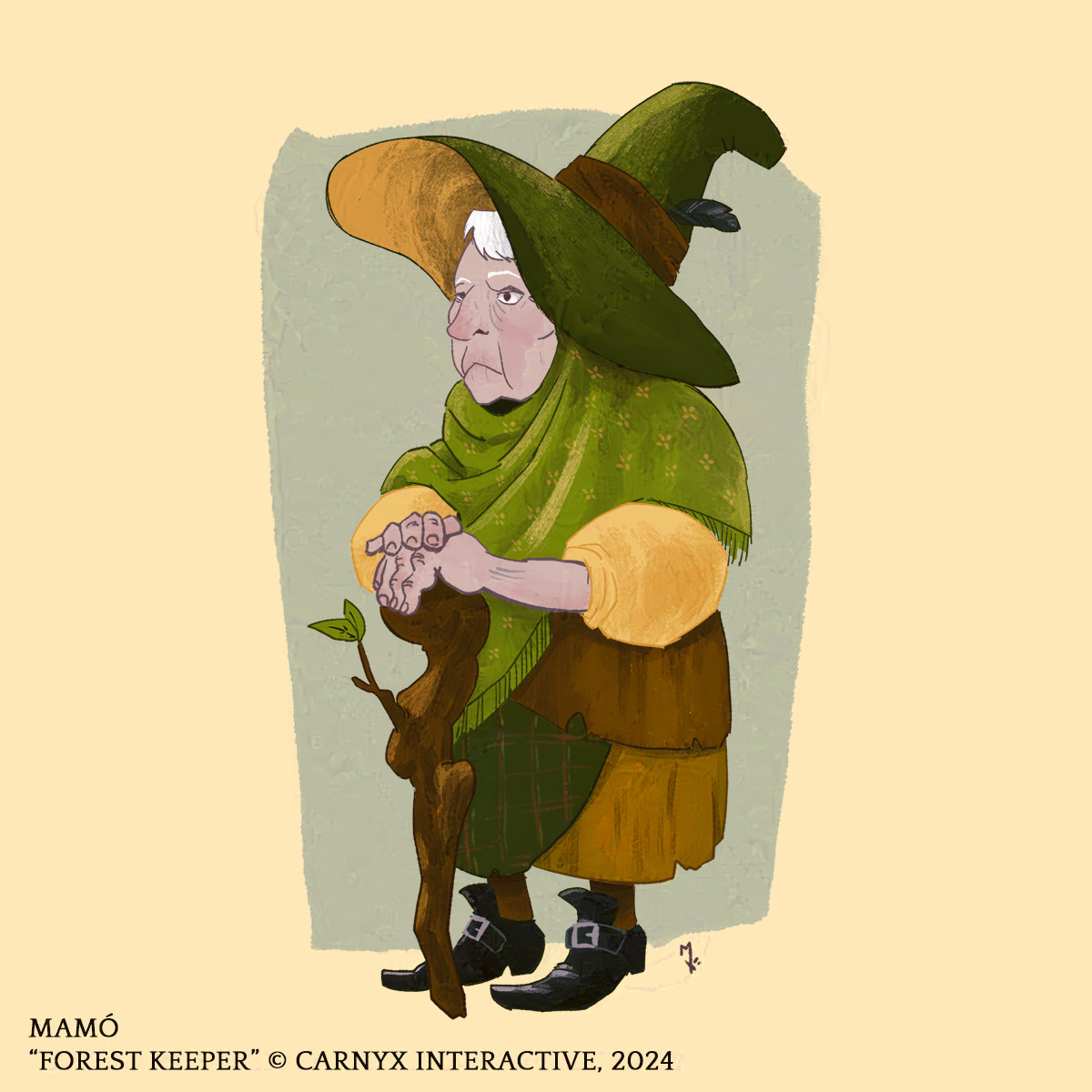 Character profile concept art of an older woman in a green hat and scarf. her dress is a hodgepodge of various cloths and she is supported by a cane made of oak and burl with a leaf sprout.