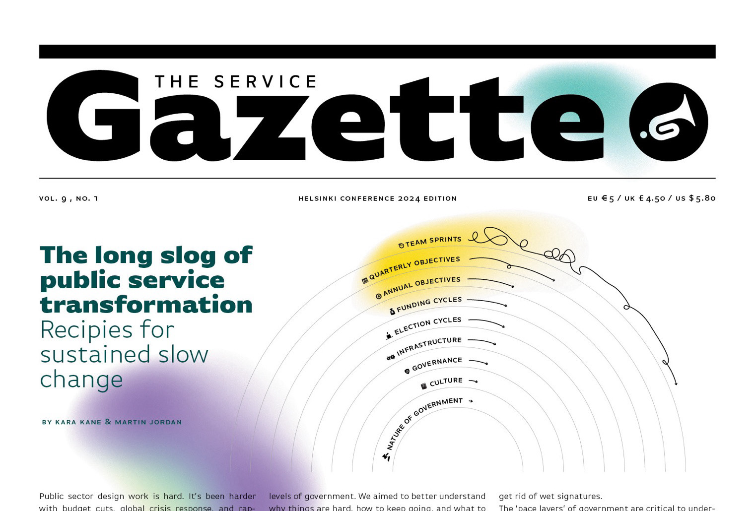 Part of a newspaper cover saying The Service Gazette in its masthead; the headline says: “The long slog of public service transformation: Recipes for sustained slow change” by Kara Kane and Martin Jordan — with a graphic showing various half rings with labels like nature of government, coloured, governments, infrastructure, election cycle, funding annual objectives, quarterly objectives, team sprints