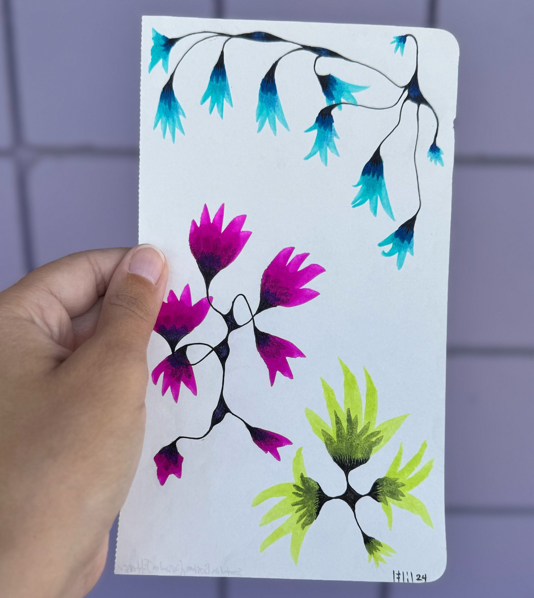 Ink drawing of colorful flowers