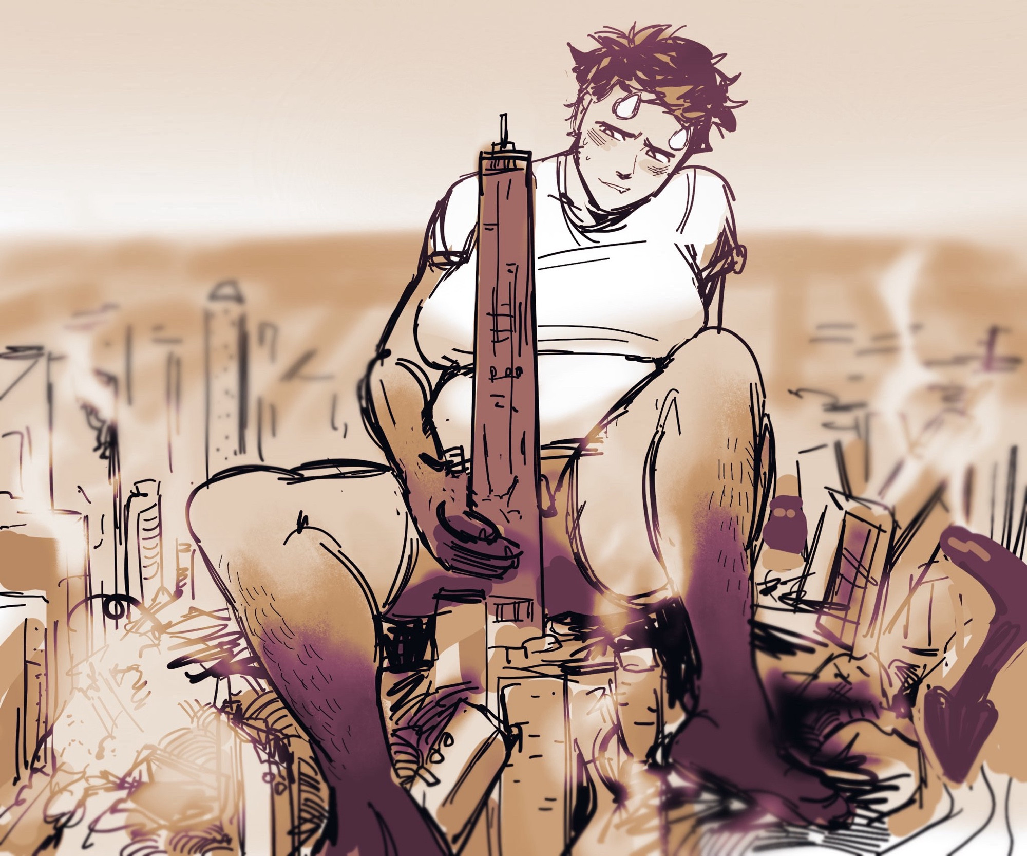 drawing of demon kem, even larger, sitting up in the wreck of a city. she holds a particularly tall skyscraper between her legs as though it were a dick or a strap-on. she looks at it as though the thought entices her.