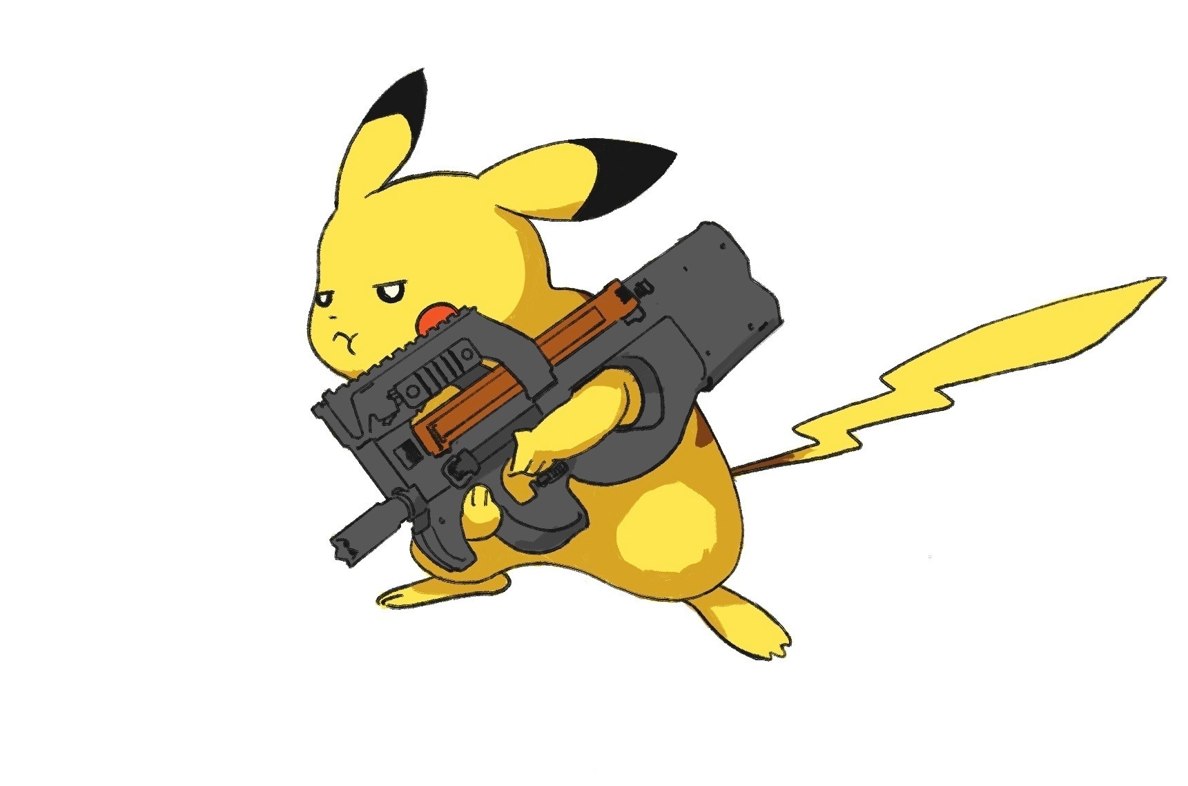 Pikachu angrily stares down range, barely grasping an FN P90 personal defense weapon, ready to open fire on some tangos.

This was created as satirical commentary on the 2024 video game Palworld, often referred to colloquially as "Pokémon with guns".