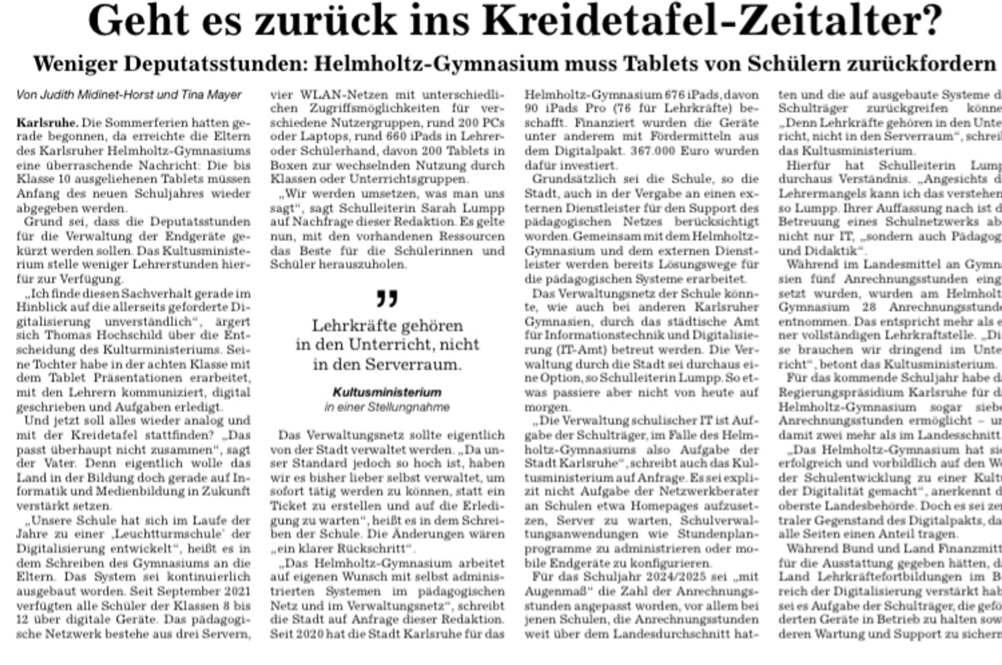 Zeitungsartikel aus der BNN von Samstag, 14.09.2024 mit der Überschrift „Geht es zurück ins Kreidetafel-Zeitalter?“