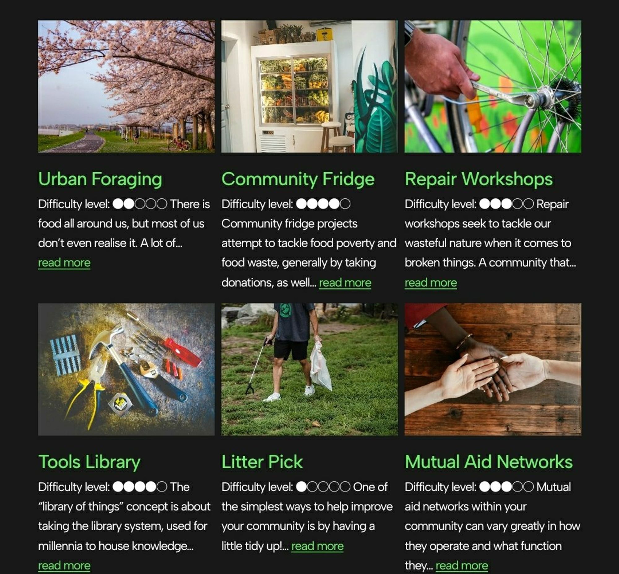 Screenshot of projects shown on the website, including Urban Foraging, Community Fridge, Repair Workshops, Tools Library, Litter Pick, Mutual Aid Networks. Each project has an image above, and difficulty level and short description beneath.