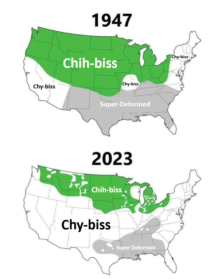 Two maps of the USA purporting to show regional use of "chih-biss" and "chy-biss" pronunciations.
It's actually an edit of "Pop" vs "Soda" use in the US over time.