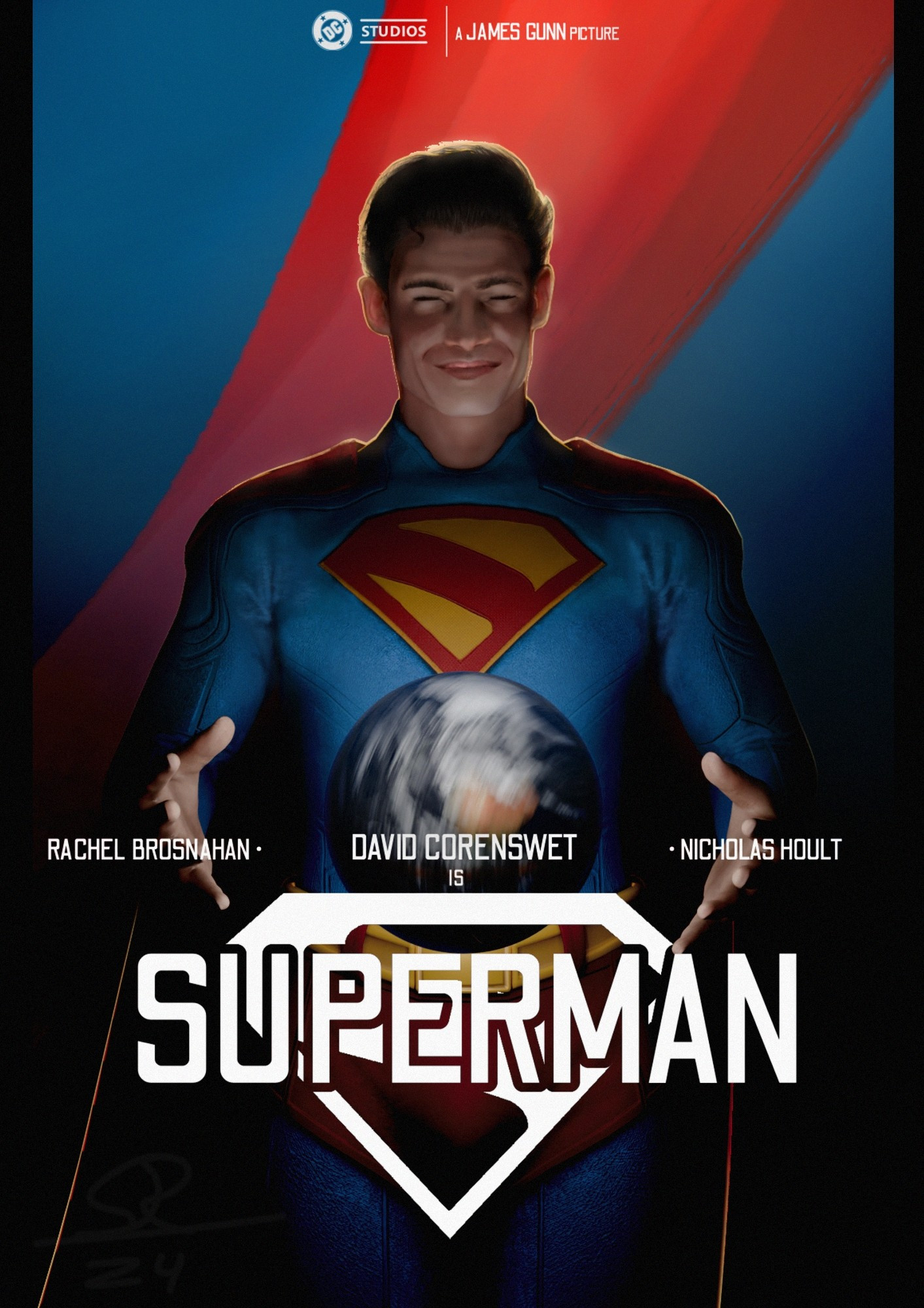 David Corenswets Superman holding his hands around a glowing, spinning planet earth with the title 'SUPERMAN' slightly below.