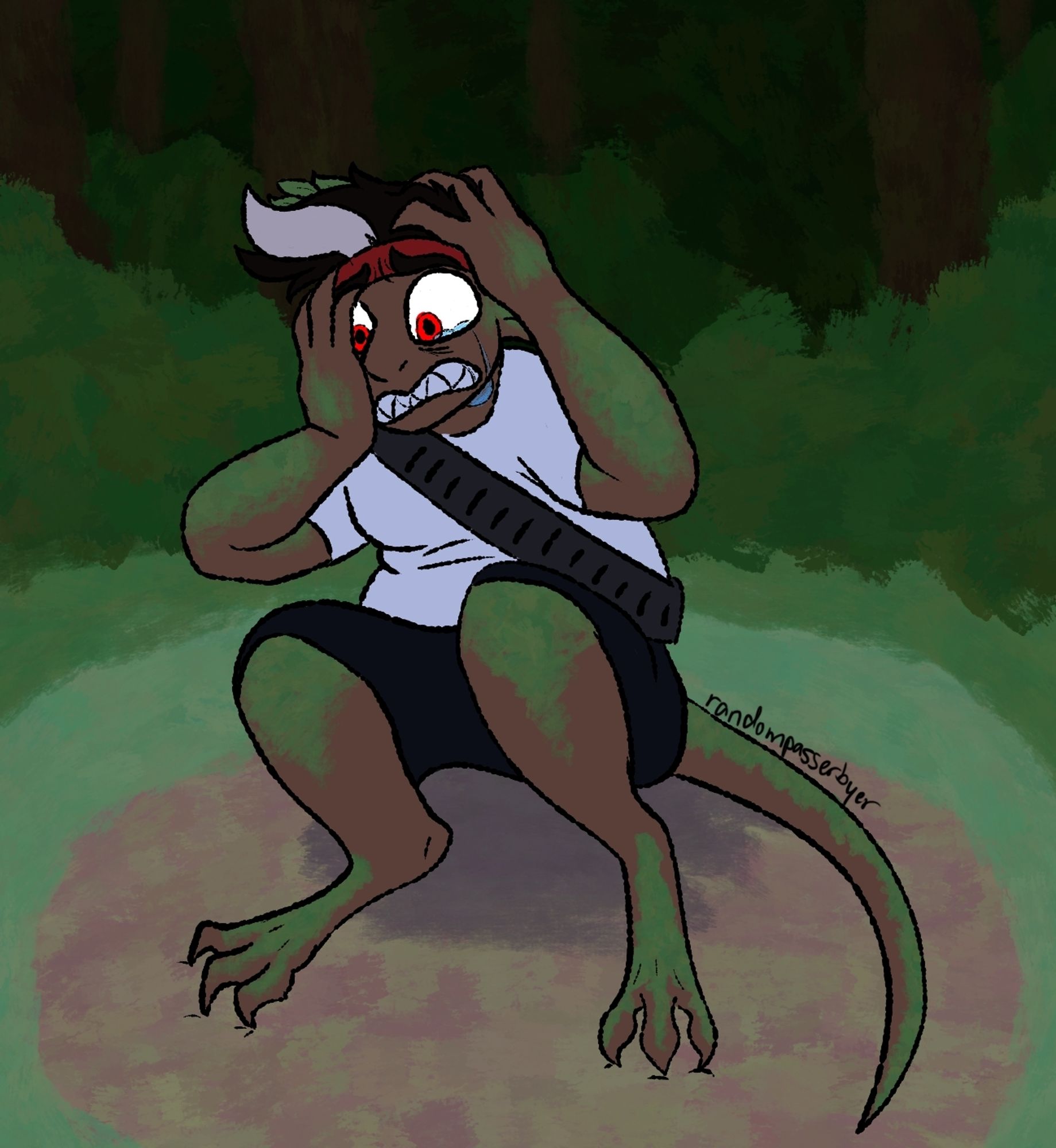 Bdubs is sitting in a dark forest clearing at night. His eyes are glowing red and he's clutching his head as tears flow down his face. He has lizard-like legs and a tail, with moss patches along the dark skin.