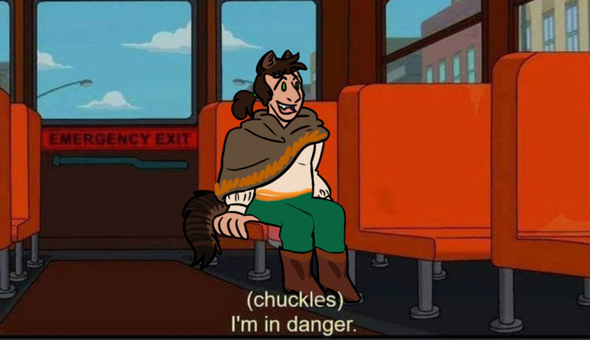 It's the "(chuckles) I'm in danger." meme but with Scar drawn over the top instead. He is in his Secret Life outfit with green eyes. He has brown tabby cat ears and a tail.