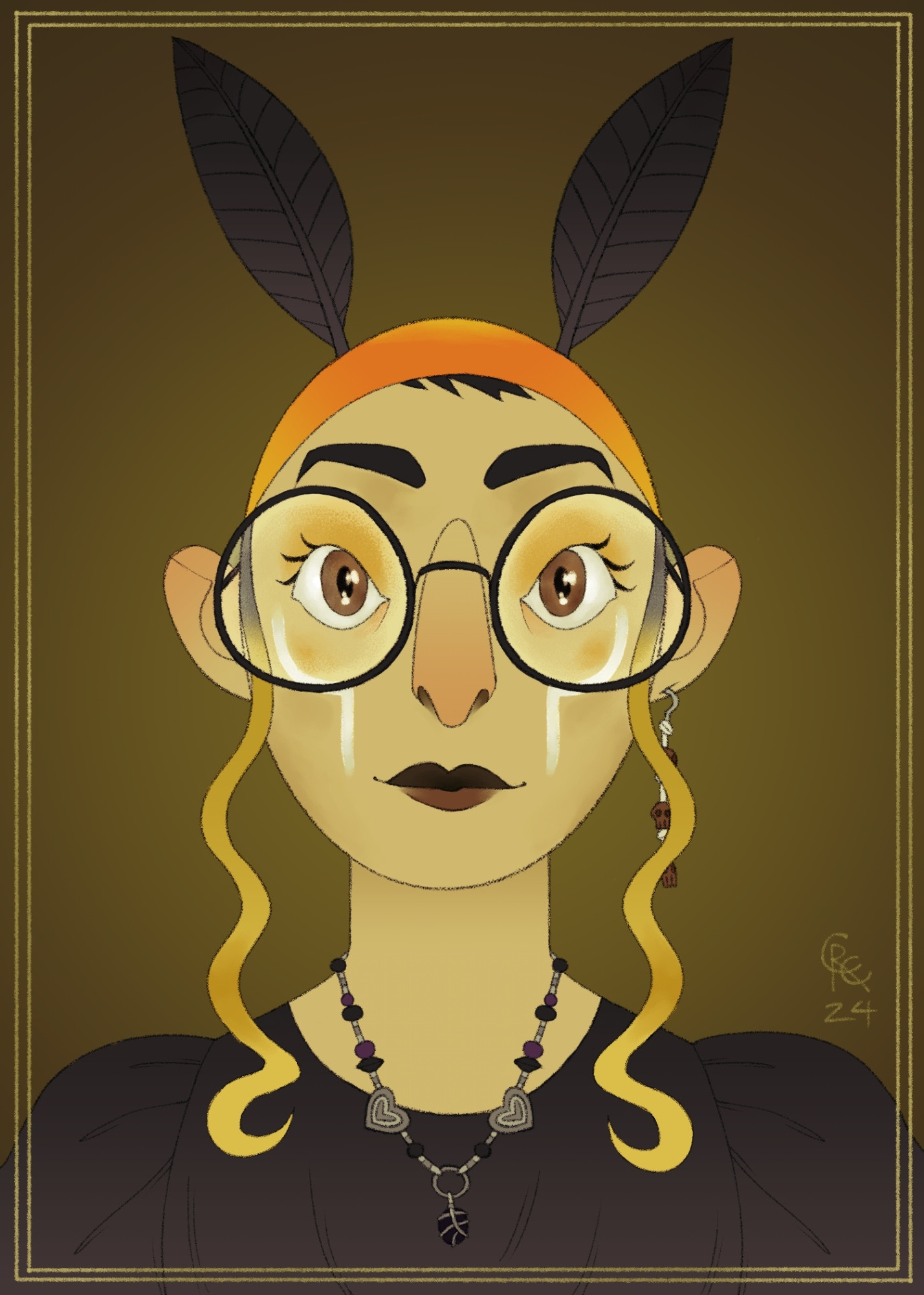 Portrait illustration of a young woman from the shoulders up. she has moth antennae, face markings suggesting the shape of a skull, and long, curly payot. she's wearing a black dress and big, round glasses.