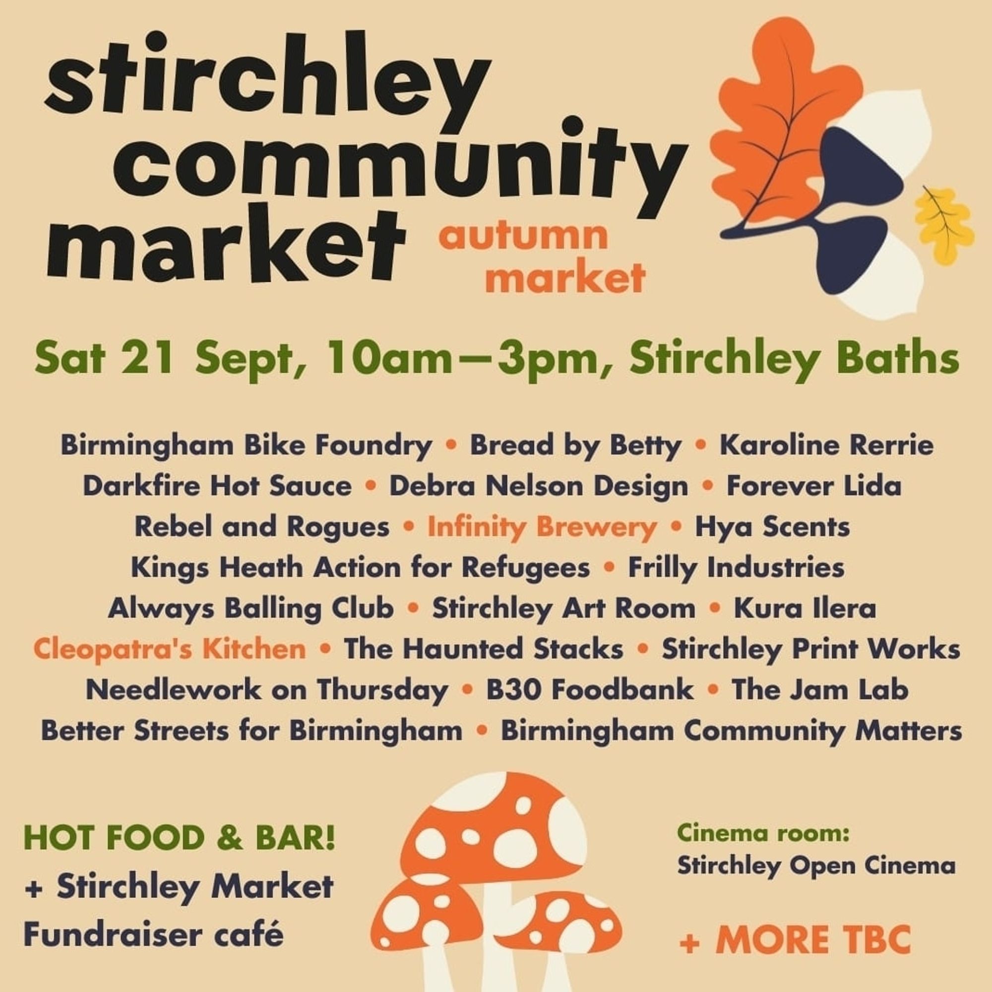 Flyer for Stirchley Community Market, Sat 21 Sep, 10am-3pm, Stirchley Baths