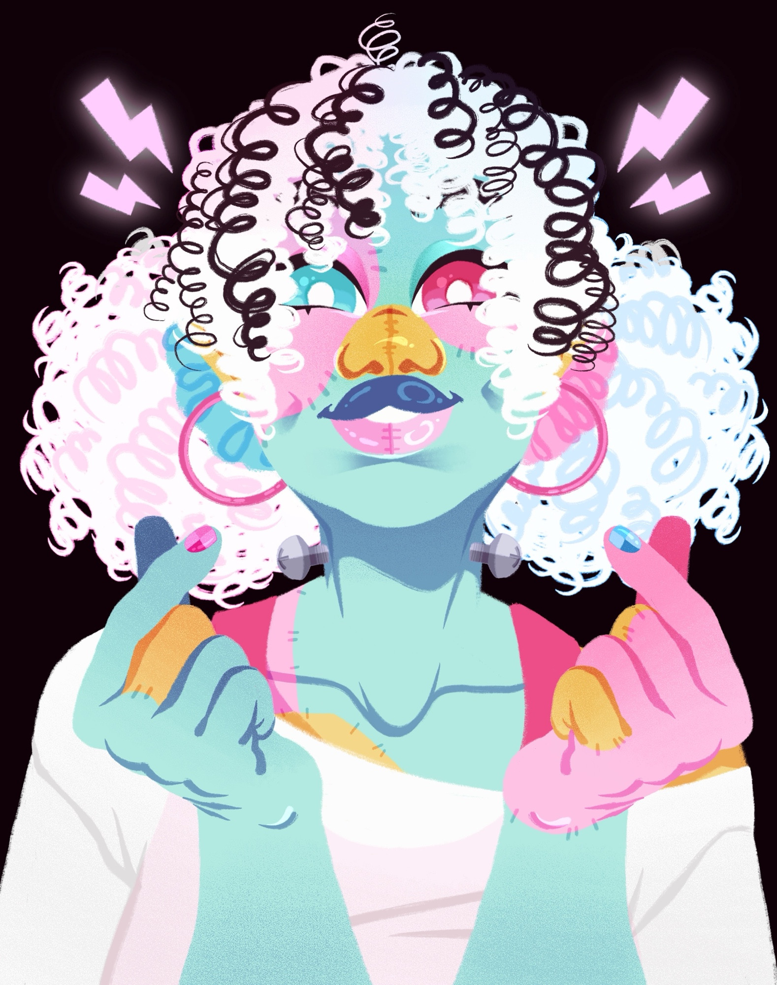 A bust drawing of the same character from the last image, but this time her hair is pulled back into two pigtails with one blue and one pink scrunchie. She holds her hands up in a small heart shape and smiles.