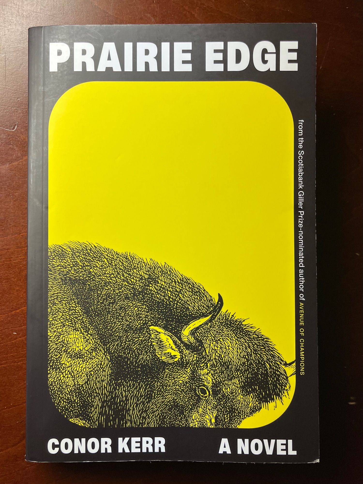 The cover of the novel Prairie Edge by Conor Kerr. The cover image is a bold yellow background with the head and shoulders of a bison in simple black ink.