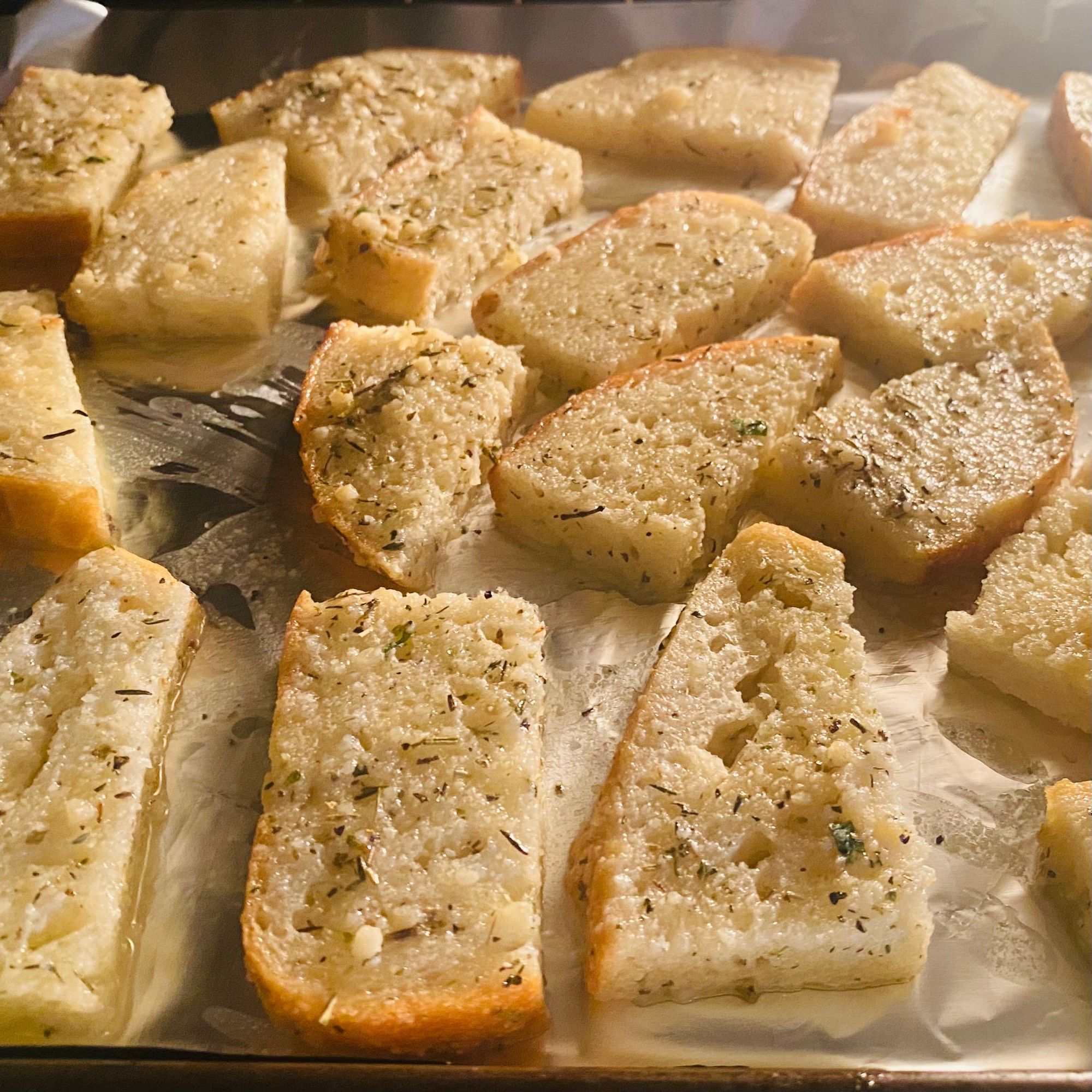 Garlic bread roasting in the oven.