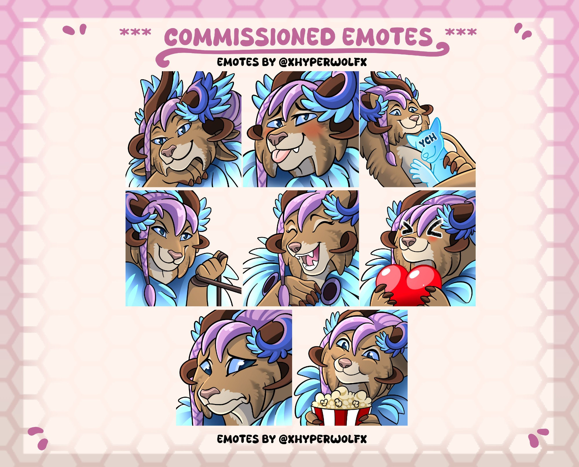 1.    Cute smile emote
2.    Blushing emote
3.    YCH sleeping on her chest emote
4.    Come hither/beckon while holding a leash emote
5.    Laughing emote.
6.    A cute >w< while holding a heart emote.
7.     A sad eyes emote.
8.    A cheeky sassy grin while holding popcorn emote.