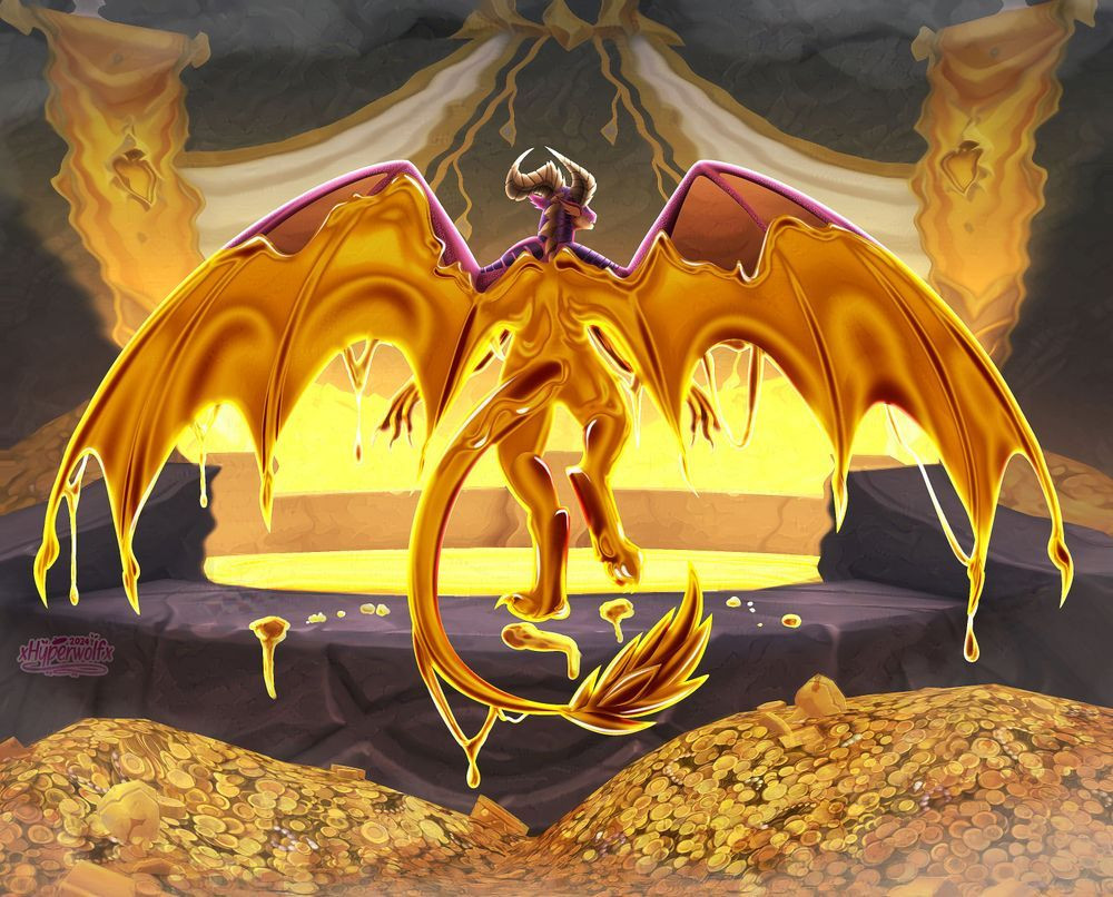 Dracthyr. My World of Warcraft character bathed in her molten gold pool surrounded by piles of gold.