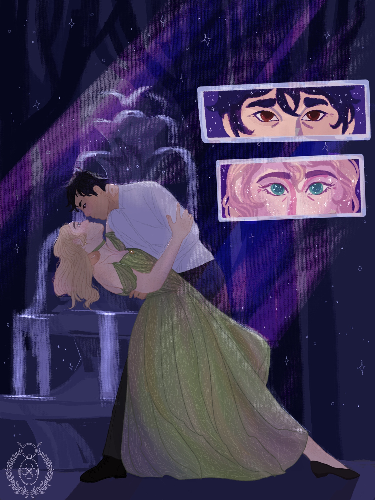 an illustration of ryunosuke naruhodo and sherlock holmes from the great ace attorney. they are outdoors at night, dancing in front of a fountain with trees in the background. the moonlight streaks down from above, and they are surrounded by stardust. sherlock is in his feminine disguise, with a long green dress that drapes off his shoulders, with a wig that gives him long curly blonde hair. ryunosuke is dressed in a suit, but is missing his jacket. sherlock is being dipped, and he looks up at ryunosuke with stars in his eyes as he holds onto ryunosuke's upper arm, his other hand holding the back of ryunosuke's neck. ryunosuke smiles gently back down at him, holding him close at the waist, his other hand cradling the back of sherlock's neck.