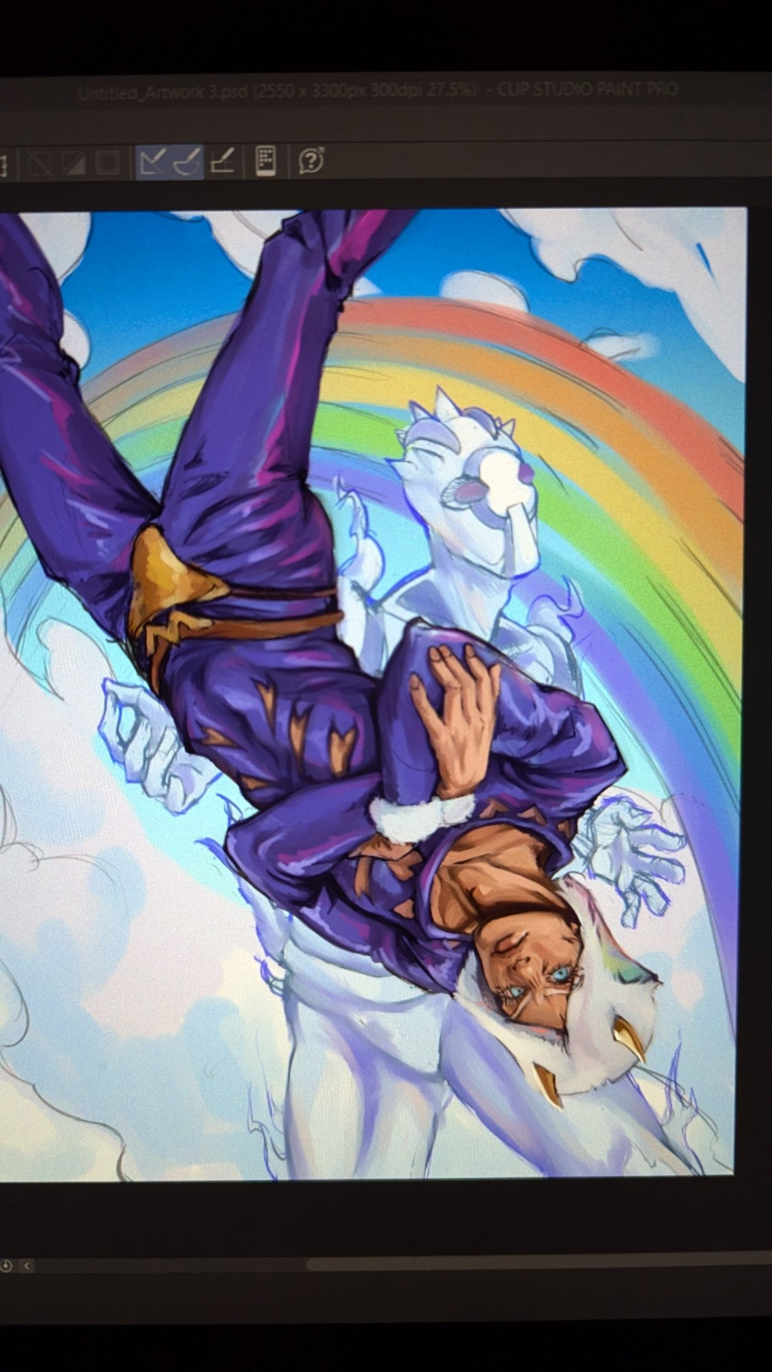 Digital painting of weather report from JoJo's bizarre adventure floating in front of his stand and a rainbow. Work in progress.